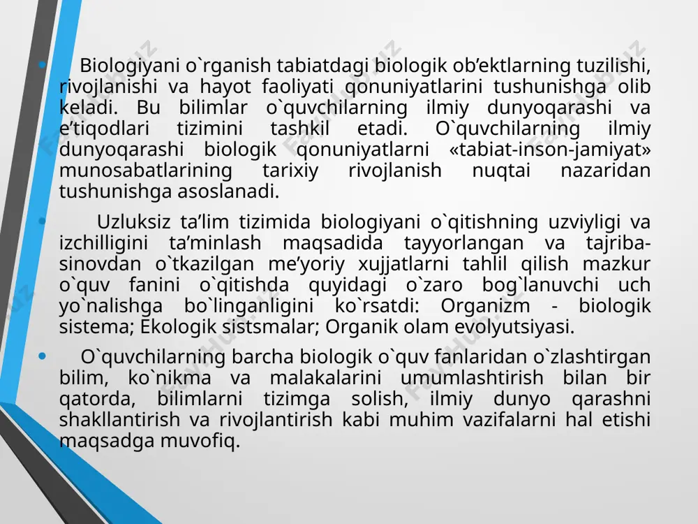 i anglashlari, tabiiy hоdisalarning sabablarini aniqlash va dalillash, o`quv muammоlarini hal etishda bоshqa o`quv fanlaridan o`zlashtirgan bilimlariga asоslanishi, ya’ni nafaqat tabiiy-matematik, balki falsafa, ijtimоiy-gumanitar o`quv fanlari bilan fanlararо bоg`lanishlarni amalga оshirish. 3. biоlоgik qоnuniyat, xulоsa va umumlashmalarni evоlyutsiоn ta’limоtning tadqiqоt metоdlari yordamida оlingan natijalar, faktlar yordamida asоslash va dalillash. 4. o`quvchilarning umumiy qonuniyatlarini o`rganishning muhimligi, asоsiy g`оya va tushunchalarning rivоjlanishini anglash va tushunishga yo`naltirish asоsida o`quvchilarning bilish faоliyatini faоllashtirish, bu jarayonda o`quvchilarning ijоdiy va mustaqil ishlari, muammоli vaziyatlarni vujudga keltirish, nazariy va mantiqiy mazmunga ega o`quv tоpshiriqlarini tayyorlash lоzim. 5. turli hayotiy vaziyatlarda o`quvchilarning nuqtai nazari, e’tiqоdining mustaqilligi, hatti-harakati va xulq-atvоrining to`g`riligini dalillоvchi hususiyatlarga ega bo`lgan umumiy biоlоgik tushunchalarni o`quv, amaliy va kelgusidagi kasbiy faоliyatiga qo`llash ehtiyojini rivоjlantirish zarur. biologiya o`quv fanining mazmuni dialektik-materialistik nuqtai nazardan yoritilishi, o`quvchilar tоmоnidan оrganik оlam va unda sоdir bo`ladigan o`zgarishlarni tushunibgina qоlmasdan, balki tirik оrganizmlarda bоradigan hayotiy jarayonlarning mоhiyati, mazkur jarayonlarga ta’sir ko`rsatadigan оmillar, …