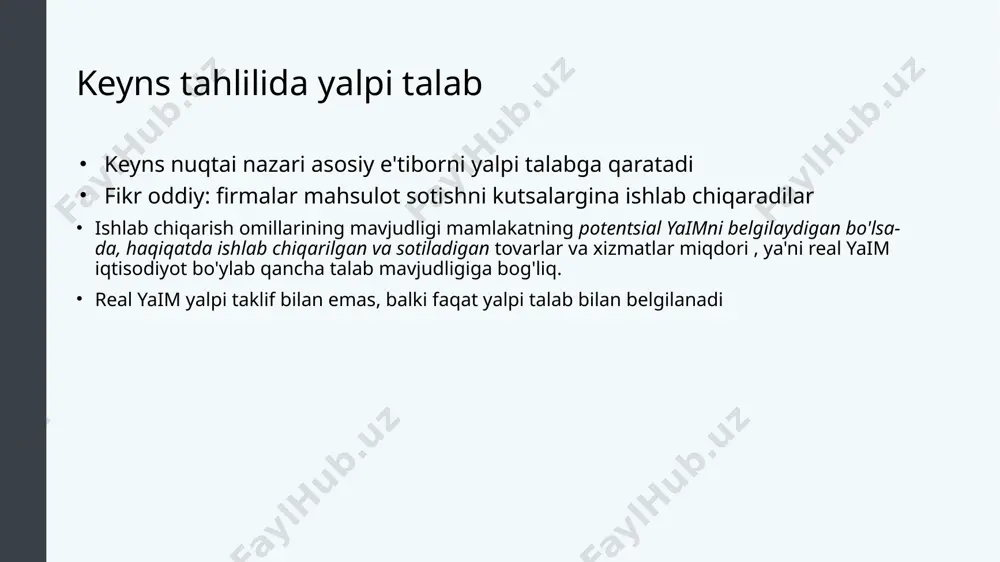 nomlanuvchi boshqa yondashuv bilan tushuntirilgan . keyns-xoch modeli bugungi kunda ham foydalidir, chunki u ad-as modelidagiga qaraganda yalpi talabni ancha batafsil va intuitiv tushuntirishni beradi. u yalpi xarajatlarning tarkibiy qismlari: iste'mol, investitsiyalar, davlat xarajatlari va sof eksport haqida to'liqroq tushuncha beradi. bu turg'unlik va inflyatsiya bo'shliqlariga nima sabab bo'lishi haqida ko'proq o'rgatadi bu xarajatlar multiplikatorini tushuntiradi yalpi xarajatlarning asosiy roli yalpi xarajat funktsiyasi: iste'mol va investitsiyalar va davlat xarajatlari va sof eksport sifatida belgilanadigan umumiy xarajatlar funktsiyasi sifatida milliy daromad o'rtasidagi grafik bog'liqlik. yalpi xarajatlar grafigi : jadval shaklida ifodalangan jami xarajatlar funksiyasi daromad-xarajat modeli (davomi) esda tutingki, yaimni bir necha ekvivalent jihatdan ko'rib chiqish mumkin: yakuniy mahsulotlarga sarflangan xarajatlar qiymatini ham o'lchaydi yakuniy mahsulot ishlab chiqarish qiymati umumiy xarajatlar jadvalini tuzish daromad-xarajat modelining asosiy qismi milliy daromad (yoki yaim) oshgani sayin yalpi xarajatlar ham oshib borishini tushunishdir. ilova b. muallif : openstax kolleji. taqdim etilgan : rays universiteti. quyidagi …