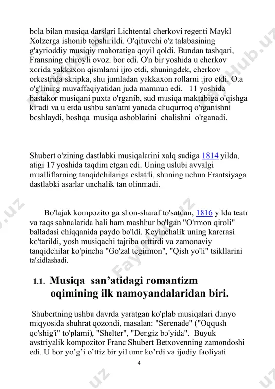 ingan davrga to’g’ri keldi. ozodlik, birodarlik, tenglik haqida gapirish tugul eslash ham taqiqlangan edi. bunday haqsizlik, to’siqlar va chegaralashlar shubert kabi ijodkorlarga katta ruhiy azoblar berar edi. ularning ijtimoiy – siyosiy ahvoldan qoniqmasligi va noroziligisan’atda o’z ifodasini topdi va yangi – romantizm oqimi dunyoga keldi. shubert musiqa san’atidagi romantizmning ilk namoyandalaridan biri edi. u butun iste’dodini «kichkina inson» ning boy ichki dunyosini ko’rsatish, eng nozik his-tuyg’ularini tarannum etishga sarfladi. doimiy turmush qiyinchiliklari, omadsizlik, muhtojlik uni tinimsiz ijoddan chalg’ita olmadi. «men har kuni ertalab musiqa yozaman. bir asarni tugatishim bilan darrov boshqasini boshlayman», - der edi kompozitor. u asarlarini juda tez fursatda yozib tugatar, musiqiy fikrlari uzluksiz ravishda tug’ilganidan qog’ozga tushirishga arang ulgurar edi. agar nota qog’ozi tugagan bo’lsa turli qog’oz parchalariga yozar edi. agar asar sifat jihatdan mukammal holatga kelmasa, kompozitor uning ustida to qoniqish hosil qilmaguncha ishlardi. ba’zi she’rlarga shubert ettitadan qo’shiq variantlarini yozgani ma’lum. shubert mavjud barcha janrlarda …