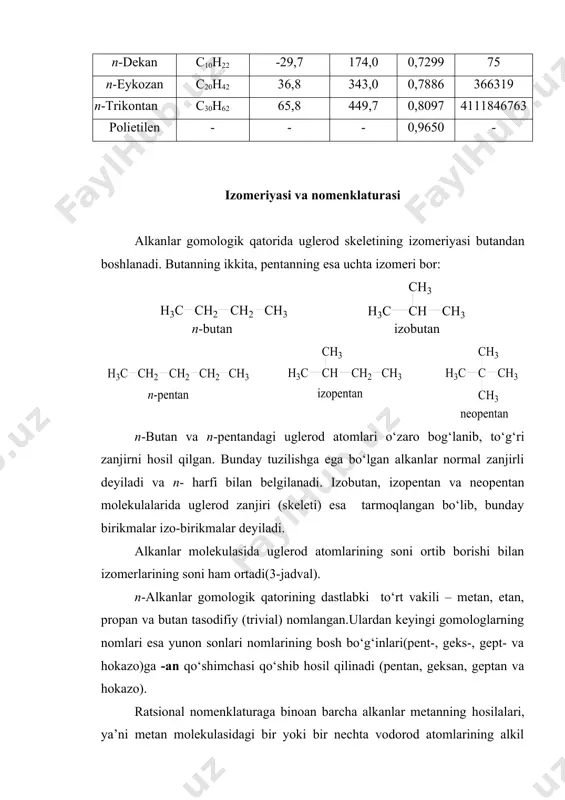 letining izomeriyasi butandan boshlanadi. butanning ikkita, pentanning esa uchta izomeri bor: n-butan va n-pentandagi uglerod atomlari o‘zaro bog‘lanib, to‘g‘ri zanjirni hosil qilgan. bunday tuzilishga ega bo‘lgan alkanlar normal zanjirli deyiladi va n- harfi bilan belgilanadi. izobutan, izopentan va neopentan molekulalarida uglerod zanjiri (skeleti) esa tarmoqlangan bo‘lib, bunday birikmalar izo-birikmalar deyiladi. alkanlar molekulasida uglerod atomlarining soni ortib borishi bilan izomerlarining soni ham ortadi(3-jadval). n-alkanlar gomologik qatorining dastlabki to‘rt vakili – metan, etan, propan va butan tasodifiy (trivial) nomlangan.ulardan keyingi gomologlarning nomlari esa yunon sonlari nomlarining bosh bo‘g‘inlari(pent-, geks-, gept- va hokazo)ga -an qo‘shimchasi qo‘shib hosil qilinadi (pentan, geksan, geptan va hokazo). ratsional nomenklaturaga binoan barcha alkanlar metanning hosilalari, ya’ni metan molekulasidagi bir yoki bir nechta vodorod atomlarining alkil guruhlariga almashinishidan hosil bo‘lgan deb qaraladi. bunda uglevodorodni nomlash uchun markaziy atom bilan bevosita bog‘langan barcha alkil guruhlarining nomi alifbo tartibida aytilib, oxirida metan so‘zi qo‘shiladi: alkanlarning ratsional nomenklaturasi modda molekulalarining tuzilishini aks …