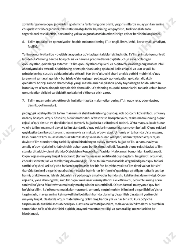 ologiya, kasb psixologiyasi, oila psixologiyasi, ijtimoiy psixologiya, odam psixologiyasi, harbiy psixologiya va fiziologiyasi bolalar gigienasi, pediatriya, medisina, kibernetika va boshqa fanlar bilan aloqa qiladi. 4. oliy talimdan keyingi talim mazmunini izohlang. (t.i.: mustaqil tadqiqotchi, tayanch doktorantura, malaka oliy ta’limdan keyingi ta’lim — jamiyatning oliy malakali ilmiy va ilmiy-pedagog kadrlarga ehtiyojini ta’minlashga yo‘naltirilgan uzluksiz ta’lim turi hisoblanadi. oliy ta’limdan keyingi ta’lim oliy ta’lim muassasalari va ilmiy-tadqiqot muassasalarida olinadi.ishlab chiqarishdan ajralgan holda mutaxassislikni chuqur o‘rganish va doktorlik dissertatsiyasini tayyorlash hamda himoya qilish maqsadida ular tomonidan ilmiy izlanishlar olib borish bo‘yicha falsafa doktori (rhd) ilmiy darajasi izlanuvchilari uchun otm va itmlarida oliy malakali ilmiy va ilmiy-pedagog kadrlar ixtisosliklari bo‘yicha tashkil etiladigan oliy o‘quv yurtidan keyingi ta’lim shakli; 5. talim sohasidagi davlat siyosatining asosiy prinsiplari nimalardan iborat. (t.i.: talim togrisidagi qonun, tarbiyaning insonparvar, demokratik xarakterda ekanligi). ozbekiston respublikasining «talim togrisida»gi qonunining 3-moddasida talim sohasida davlat siyosatining asosiy tamoyillaridan biri talim va tarbiyaning insonparvar va …