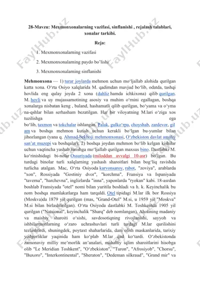 mehmonxonalarning vazifasi, sinflanishi , rejalash talablari, xonalar tarkibi — DOC