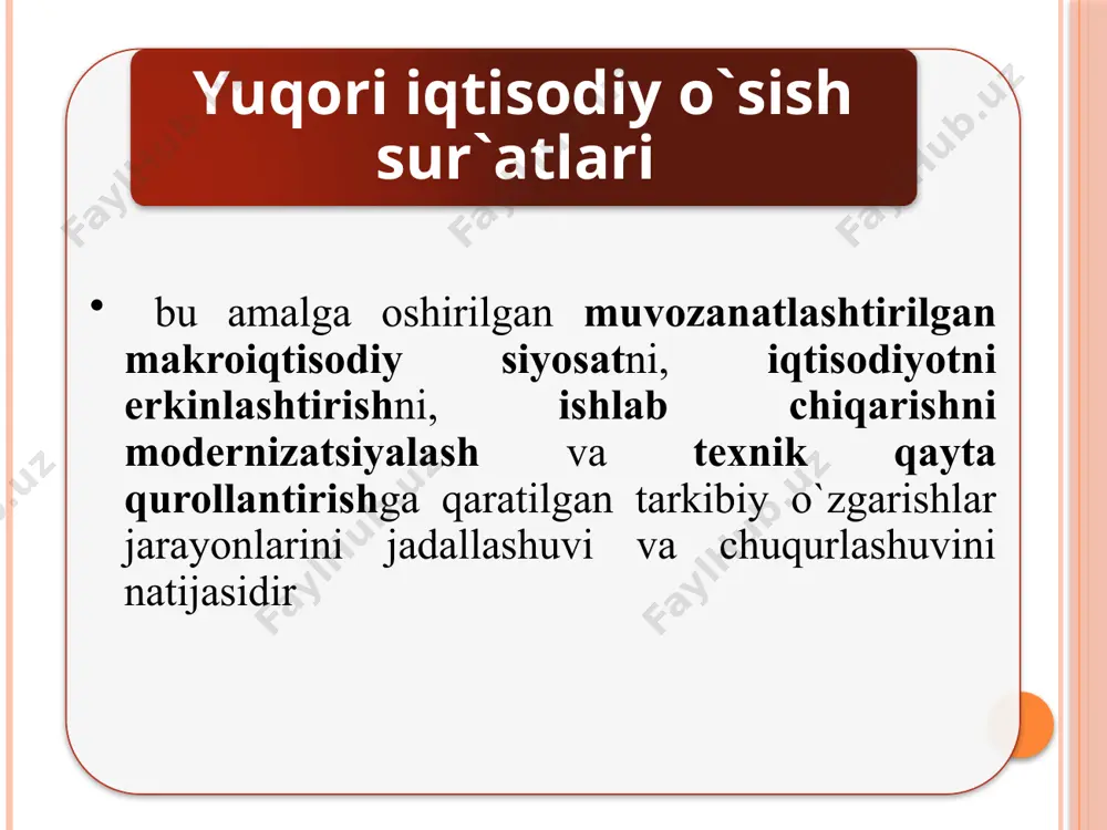 larini qayta taqsimlash imkoniyatlari; -daromadlarni taqsimlashning shakllangan tizimi. iqtisodiy o`sish turlari ekstensiv iqtisodiy o`sish intensiv iqtisodiy o`sish ekstensiv iqtisodiy o`sish intensiv iqtisodiy o`sish ishlab chiqarish omillari miqdorini avvalgi texnikaviy darajani o`zgartirmasdan oshirish ishlab chiqarish omillari sifatini takomillashtirish ishlab chiqarish omillaridan foydalanish samaradorligi oshishining yo`qligi ishchilar chiqarish omillaridan foydalanish samaradorligining oshishi ishchilar sonining oshishi ishchilar malakasining oshishi kapital qo`yilmalarning oshishi tejamkorlik mexanizmi ishlayotgan xom-ashyo hajmining oshishi ilmiy-texnik taraqqiyot yutuqlaridan foydalanish mahsulotlar tarkibiy tuzilishining o`zgarmasligi ishlab chiqarishni tashkil qilish va uning usullarini takomillashtirish tabiat resurslaridan nooqilona foydalanish mahsulotlar assortimentini kengaytirish va sifatini oshirish iqtisodiy inqirozning muqarrarligi tabiiy resurslardan oqilona foydalanish ekstensiv iqtisodiy o`sish moddiy ishlab chiqarishda foydalaniladigan resurslar hajmining oshishi natijasida kelib chiqadi. boshqacha aytganda, ekstensiv iqtisodiy o`sish tabiiy resurslar, ishchi kuchi va kapital kabi ishlab chiqarish omillarini qo`shimcha jalb qilish va faqat ularning miqdoriy oshishi hisobiga ro`y beradi. bunda ularning sifat va texnikaviy darajasi o`zgarmasdan qoladi. intensiv iqtisodiy o`sish ilmiy-texnikaviy bazani …