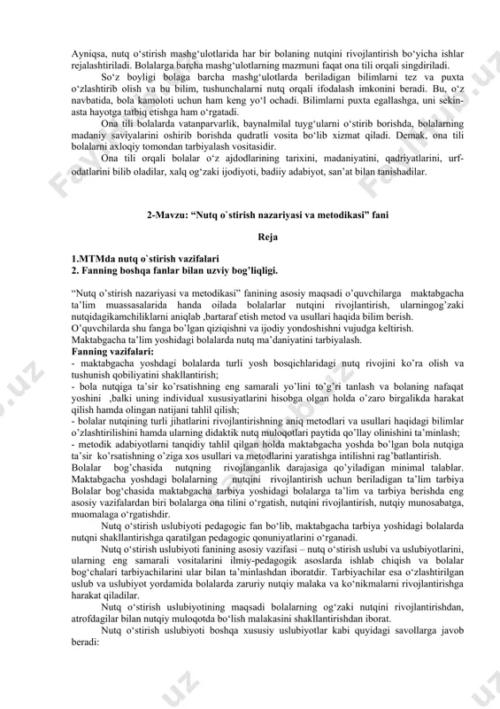lan birga, hozirgi zamon o‘zbek adabiy tili uchun ham asos bo‘lgan. bolalar bog‘chasi bolalarni har tomonlama, ya’ni jismoniy, aqliy, axloqiy, estetik tomondan tarbiyalashdek maqsadni o‘z oldiga qo‘ygan. bu maqsad esa bolalarga ona tilini o‘rgatish jarayonida amalgam oshiriladi. bog‘chada og‘zaki nutqni o‘stirish natijasida bolalar aqlan rivojlanib, umumiy madaniy saviyasi oshadi. ular tevarak-atrofdagi voqea-hodisalar, tabiat va jamiyat qonuniyatlarini tushunib boradilar. bolalarda nutqning rivojlanishi ularning ruhiy jihatdan ham takomillashib borishiga yordam beradi. bola tashqi dunyoni xotira, tasavvur, xayol, tafakkur kabi ruhiy jarayonlar yordamida, shuningdek nutq yordamida bilib olish qobiliyatiga ega. ammo bolalardagi intellect, ya’ni ruhiy jarayonlar (xotira, tasavvur, xayol, tafakkur va h.k.) shunchaki bola organizmining o‘sib borishi va takomillashishi bilangina paydo bo‘lmay, balki nutqining rivojlanishi bilan paydo bo‘ladi va takomillashadi. agar bola kichik yoshidan boshlab to‘g‘ri gapirishga (so‘zlashishga) o‘rgatib borilsa, u vaqtda bunday bola normal holatda rivojlanadi, ya’ni avval tasavvur etish, keyin esa fikr yuritish, xayol qilish qobiliyati paydo bo‘ladi va bu qobiliyat …