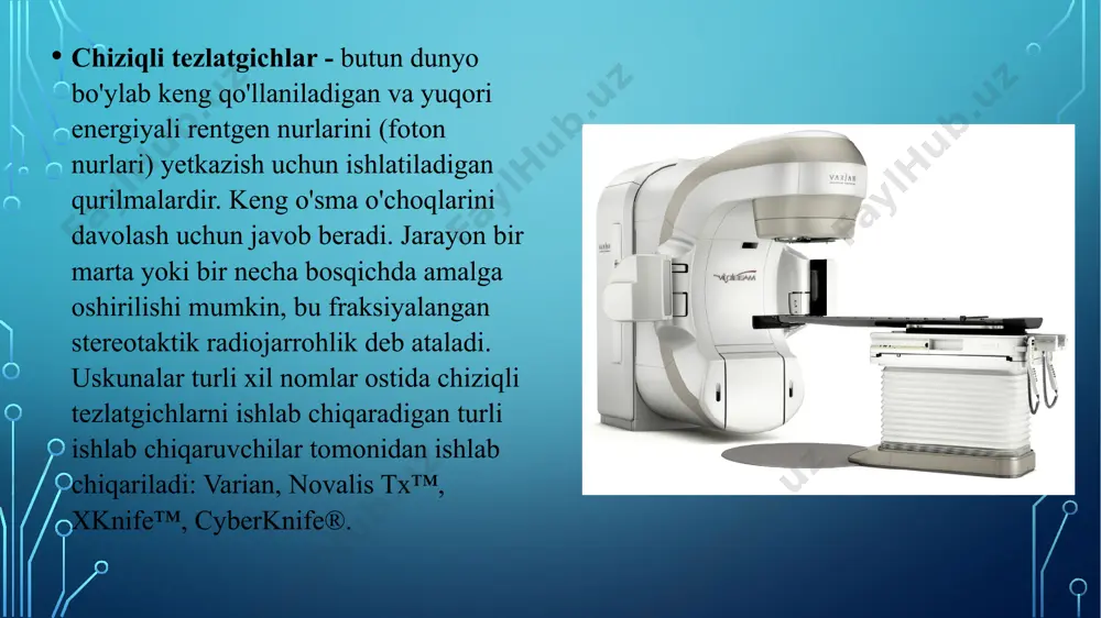 ymatlar operatsion va texnik xususiyatlar). texnik holatni nazorat qilish turlari: texnik holatning davriy (rejali) monitoringi; texnik holatni rejadan tashqari nazorat qilish. texnik holatini davriy nazorati 3 oyda 1 marta amalga oshiriladi va quyidagilarni o'z ichiga oladi: 1) kabellar, ulash o'tkazgichlarining yaxlitligini tekshirish; boshqaruv, boshqaruv elementlari, ko'rsatkichlar va signallarni tekshirish yaxlitligi, mahkamlashning ravshanligi, teskari zarbaning yo'qligi, himoya vositalari va blokirovkalarning ishlashi; bo'ysunadigan qismlar, agregatlar, mexanizmlar holatini nazorat qilish; asosiy va yordamchi bloklarning ishlashini tekshirish; o'lchash, qayd etish va himoya qilish asboblari; mahsulotni elektr xavfsizligi talablariga muvofiqligini tekshirish; asosiy texnik tavsiflarni instrumental nazorat qilish; nurlanish nurini nazorat qilish (manbaning joylashuvining aniqligi uning mavjudligi), radiatsiya maydonini sozlash; texnik holatning rejadan tashqari monitoringi tartibda amalga oshiriladi qurilma ishga tushirilganda yoki uzoq muddatli tanaffusdan so'ng (uch oydan ortiq) ishlagandan keyin shuningdek, qurilmani qayta zaryad qilgandan so'ng, jihozni sozlash va sozlashdagi o'zgarishlar, qurilmaning nosozliklari bilan ta'mirlash va texnik xizmat ko'rsatishni amalga oshirishda kirish nazorati tizimlari. operatsion …