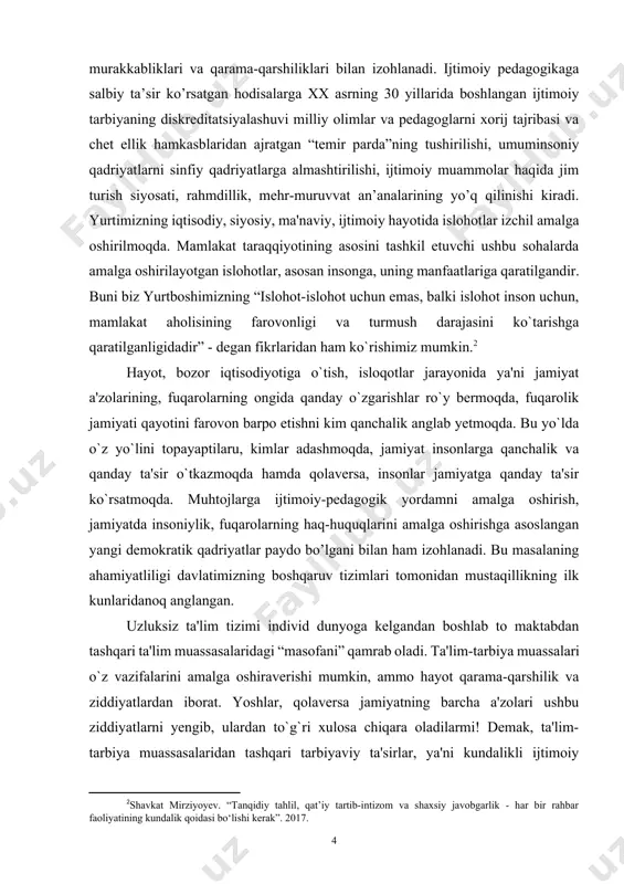 irlar, ya'ni kundalikli ijtimoiy voqeliklarning shaxsga ko`rsatayotgan ta'siri, ularni ijtimoiy pedagogik, ilmiy, nazariy va amaliy o`rganish, pedagogikada shu kunga qadar yetarlicha e'tibor berilmagan ijtimoiy pedagogikaga zaruratni vujudga keltirmoqda. kursning nomidan ham ko`rinib turganidek, ijtimoiy qayotning turli jabqalari shaxsga, ayniqsa yoshlarga, albatta o`z ta'sirini ko`rsatadi. ko`p asrlar muqaddam xalq bola parvarishida alohida shaxslarni, enagani tasavvur qilardigina emas, ularga tayanardi ham. qishloq joylarda momo, enaga, opa va singil alohida ahamiyatga ega edi, tabiat ham bebaho tarbiyachi sanalardi. afsuski, bola tarbiyasida tabiat umumlashmasidan unumli foydalanilmas edi. tabiat - bu nafaqat yashasha maskani, balki ota uyi hamdir, yulduzlar, paxta dalalari, mevali bog`lar, daraxtzorlar va h.q. bitmas-tuganmas tarbiya o`choqlari hisoblanardi. binobarin, tarbiya omili sifatida ta`lim imkoniyatlarini o`rganish etnopedagogika faoliyati uchun cheksiz kenglik bo`lib xizmat qiladi. so`z ham tadqiqot uchun muhim ahamiyat kasb etadi. ona tili - ulg`ayotgan shaxsning asos-negizidir. o`z bolasini ona tilidan mahrum etgan ona undan ruhan ajralib qoladi, natijada boladan kelgusida insoniy fazilatlardan …
