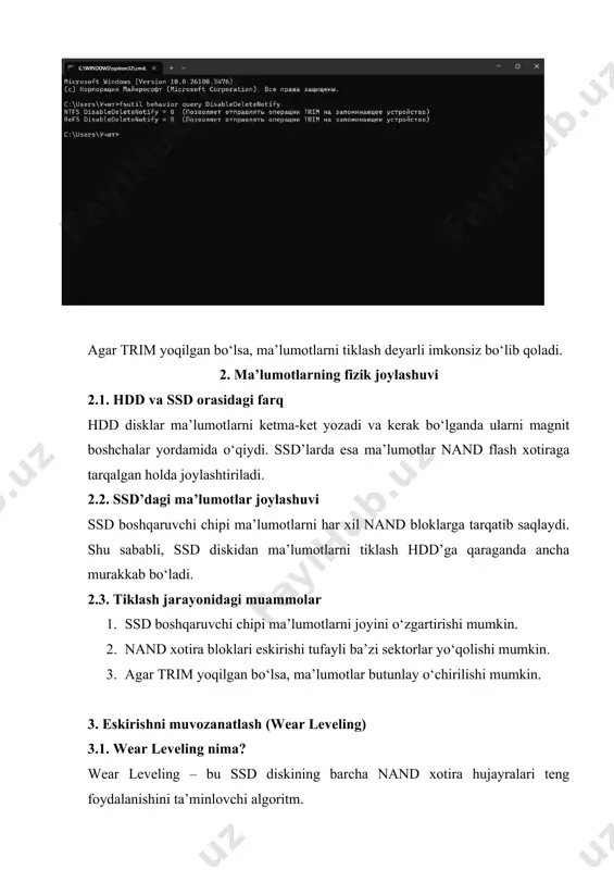 jarayonidagi muammolar 1. ssd boshqaruvchi chipi ma’lumotlarni joyini o‘zgartirishi mumkin. 2. nand xotira bloklari eskirishi tufayli ba’zi sektorlar yo‘qolishi mumkin. 3. agar trim yoqilgan bo‘lsa, ma’lumotlar butunlay o‘chirilishi mumkin. 3. eskirishni muvozanatlash (wear leveling) 3.1. wear leveling nima? wear leveling – bu ssd diskining barcha nand xotira hujayralari teng foydalanishini ta’minlovchi algoritm. 3.2. ushbu mexanizm qanday ishlaydi? 1. ssd boshqaruvchi chipi ma’lumotlarni doimiy ravishda har xil bloklarga yozadi. 2. har bir nand xotira hujayrasining eskirish darajasi tekis taqsimlanadi. 3. bu ma’lumotlarni tiklashni qiyinlashtiradi, chunki ma’lumotlar doimiy ravishda boshqa joyga ko‘chiriladi. 3.3. wear leveling va ma’lumot tiklashga ta’siri · ma’lumotlar doimiy o‘zgargan joylarga ko‘chirilgani uchun tiklash jarayoni murakkablashadi. · ssd disklaridan ma’lumot tiklash odatda maxsus laboratoriyalarda amalga oshiriladi. 4. shifrlash va ma’lumotlarning butunligini ta’minlash 4.1. ssd’larning shifrlash tizimi ko‘pgina zamonaviy ssd’lar aes-256 kabi kuchli shifrlash algoritmlaridan foydalanadi. bu esa ma’lumotlarni tiklashni yanada qiyinlashtiradi. 4.2. shifrlangan ma’lumotlarni tiklashning qiyinchiliklari 1. agar shifrlash …