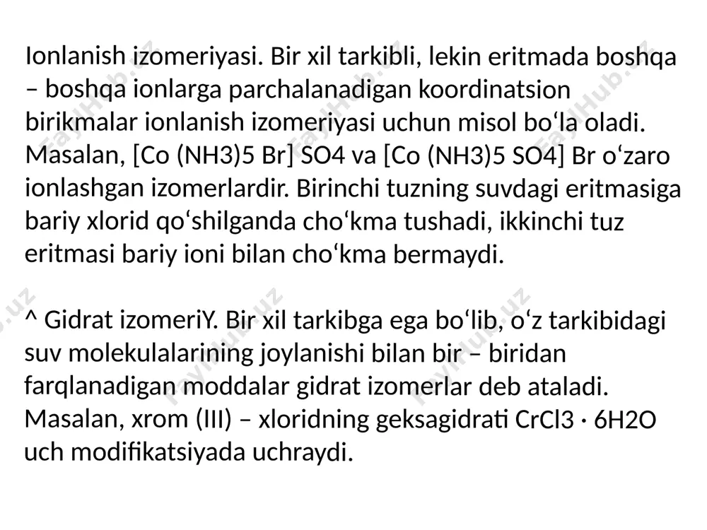 lar boshqa – boshqa kimyoviy xossalar namoyon qiladi. ular o‘zining rangi va eruvchanligi bilan ham bir – biridan farq qiladi. bunday tuzilishli birikmalarda yuza – izomer deb ataladigan bir xil tabiatli ligandlar (oh - yoki no2-) oktaedrning bir uchburchakli yon tomoniga tegishli cho‘qqini egallaydi, meridianal izomerlarida esa shunday ligandlarning ikkitasi markaziy atomning ikki qarama – qarshi tomonida bir o‘q ustida joylashadi. bunday izomerlarni sis – va trans – izomerlar deb atash to‘g‘ri bo‘lmaydi. koordinatsion birikmalarda boshqa – boshqa tarkibli ligandlar soni ortgan sari izomerlar soni ham ortadi. [ma3b2c] tarkibli koordinatsion birikma 3 ta, [mεn a2bc] va [ma3 bcd] tarkibli birikmalar 4 tadan, [mεn abcd] ning esa 6 ta geometrik izomeri mavjud. koordinatsion birikmaning izomerlaribir xilda barqaror bo‘lavermaydi. uning beqaror izomerlari barqarorroq holatlarga o‘tishi mumkin. bu jarayonning tezligi markaziy atomning xossalariga bog‘liq. masalan, platinaning koordinatsion birikmalarida bu jarayon juda sust borsa, palladiyning koordinatsion birikmalarida tez amalga oshadi. palladiyning [pdcl2 (nh3)2] tarkibli …