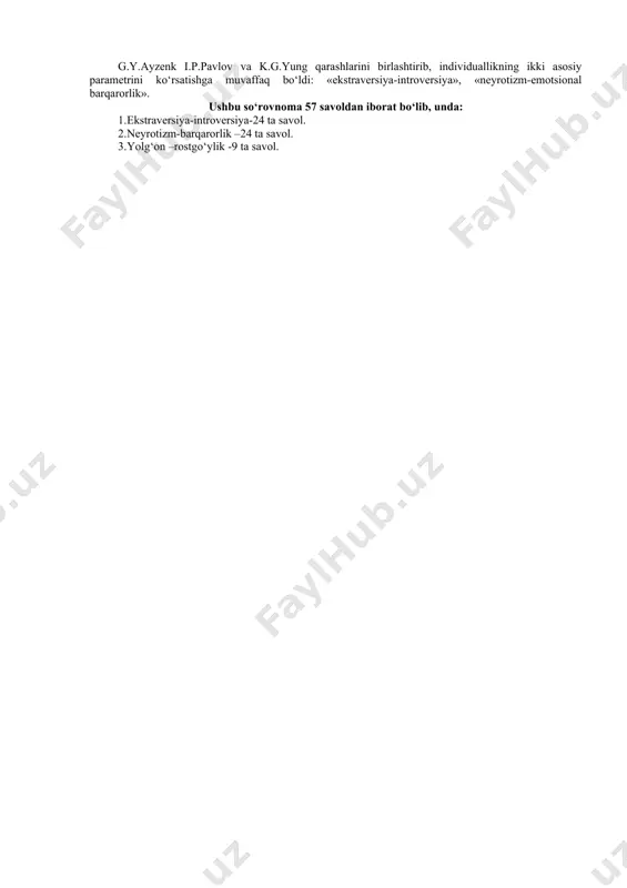 rikaturaga beradigan javobi uning xususiyatlarini yoritishga imkoniyat tug‘diradi. hazil-mutoyiba testlarida mutaxassislar ko‘proq hazil va karikaturalardan foydalaniladi. masalan, shaxsni o‘rganuvchi hazil –mutoyiba testi (ipat)da ham tekshiriluvchilar hazil va karikatura rasmlarni baholaydilar. ushbu test a va v shakldan iborat bo‘lib, birinchisi 104 ta, ikkinchisida 132 ta hazil va karikaturadan tashkil topgan. metodika natijalari shaxsning 13 shaxslilik omillarini yoritish imkonini beradi. ba’zan xalq donishmandligining noyob namunasi sanalmish maqollarni va matallarni o‘rganish ham shaxsni diagnostika etishning eng maqbul vositalaridan biri sanaladi. hattoki, bu borada xorijiy psixologlar xx asrning 50-yillaridayoq maqol va aforizmlarga asoslanib shaxsni baholash metodikalari ishlab chiqilganligi diqqatga sazavordir. o‘zida 130 ta tasdiqni mujassamlashtirgan b.m.bassning «mashhur o‘g‘itlar» testi (b.m.bass, 1956) ushbu testlar toifasiga kiritiladi. bu test natijalari omilli tahlil qilinadi va shaxsning xulq-atvoriga mos keluvchi xususiyatlar ajratib olinadi. shaxsni baholashning maqbul vositalaridan biri «vaziyatli testlar» hisoblanadi. ushbu testlar ikkinchi jahon urushidan keyin keng tarqalgan bo‘lib, unda tekshiriluvchilarga vaziyatlar orqali ta’sir ko‘rsatiladi. natijada hosil …