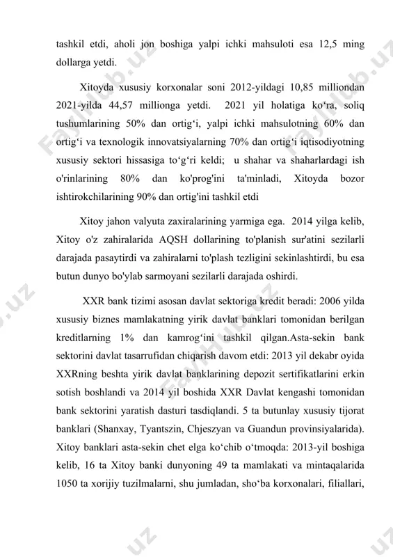 ini tashkil etdi; ushbu kompaniyalarning sof foydasi yiliga 19,56 foizga o'sib, 5,3 trillion yuanga (793,16 milliard aqsh dollari) yetdi. 2022-yil aprel oyi oxiriga kelib, xitoyda ommaviy joylashtirish natijasida jalb qilingan mablag‘lar miqdori 25,52 trillion yuanga (taxminan 3,79 trillion aqsh dollari) yetdi. 138 ta aktivlarni boshqarish kompaniyasi 9 761 ta ommaviy taklif fondiga ega (bu 138 ta kompaniyadan 45 tasi xorijiy kapital ishtirokidagi kompaniyalar edi). yopiq fondlar 3,15 trillion yuandan oshdi va ochiq fondlar 22,36 trillion yuandan oshdi. ishonch sektorini tahrirlash 2022-yilning birinchi choragi yakuniga ko‘ra, xitoyda ishonchli aktivlar ko‘lami 20,16 trillion yuanni (taxminan 3 trillion aqsh dollarini) tashkil etdi, bu o‘tgan yilning shu davriga nisbatan 1,06 foizga kamaydi; xitoyning trast sektorining operatsion daromadi yiliga 28,25 foizga kamayib, 20,52 milliard yuanni tashkil etdi. qimmatli qog'ozlar sektoriga 3,54 trillion yuan ishonchli sarmoya kiritildi, bu 5,51 foizga ko'p. xxr eng yirik eksportchi bo'lib, ikkinchi va uchinchi o'rindagi aqsh va germaniyani qo'shganda deyarli shuncha …