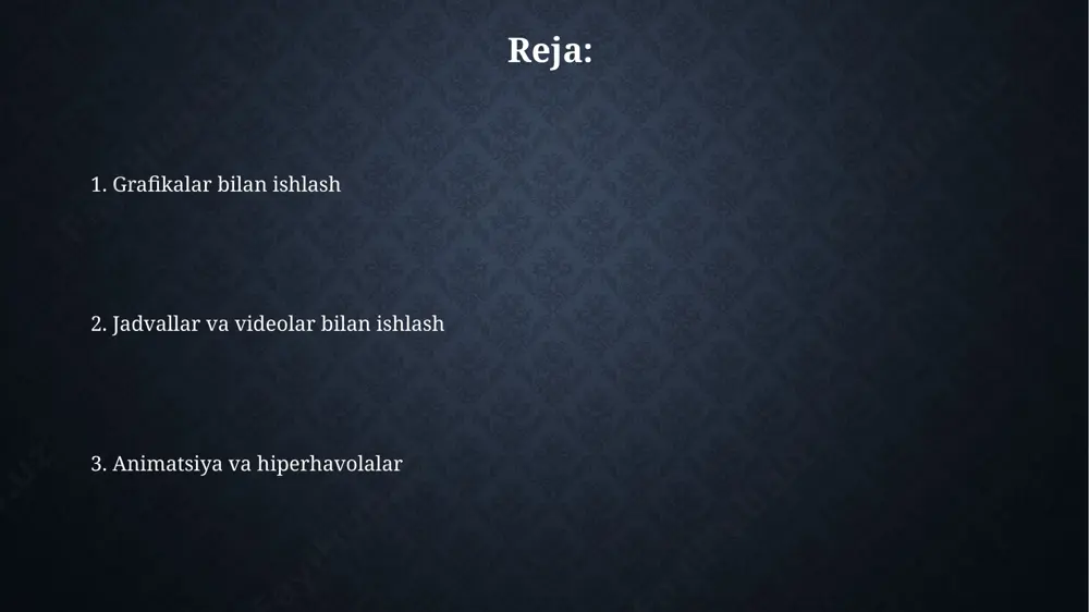 ashtirish, ularning o‘lchamlarini saqlagan holda, prezentatsiya dizayniga moslashuvchanlikni ta’minlaydi. video obyektlar bilan ishlash powerpoint 2019 va undan keyingi versiyalarida video obyektlarga 3d effektlar qo'shishingiz mumkin, bu taqdimotingizga jozibadorlik bag'ishlaydi. video fayllarni powerpoint'ga joylashtirishdan oldin, ularning hajmini va sifatini optimallashtirish orqali, 720p yoki 1080p kabi aniqlik darajasini tanlash tavsiya etiladi. ko‘rish rejimlari powerpoint’ning "ko‘rish rejimlari" 4 ta asosiy rejimni o'z ichiga oladi: normal, slaydlar, ma’lumotlar va o'qish rejimlari, har biri turli xil tahrirlash va taqdimot ehtiyojlariga mos keladi. “ko‘rish rejimlari” orasida o'tish uchun, powerpoint oynasining pastki o'ng burchagidagi tugmachalardan foydalanish mumkin yoki klaviatura yorliqlarini (masalan, f5) qo'llash mumkin. bu samaradorlikni oshiradi. jadvallarni formatlash jadval ustunlari va satrlarining balandligi va kengligini qo'lda yoki avtomatik ravishda 1 dan 10 sm gacha o'zgartirish orqali jadval dizaynini moslashtirishingiz mumkin. jadval chegaralarini, to'ldirish ranglarini va matn uslublarini o'zgartirish orqali jadvalning umumiy ko'rinishini 5 ta turli usulda o'zgartirishingiz mumkin. animatsiyani sozlash "effect options" oynasida animatsiya parametrlarini, jumladan, …