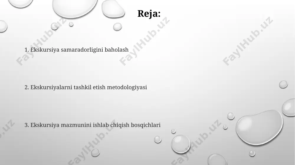 siya maršruti 2-3 ta asosiy nuqtadan iborat bo‘lib, har bir nuqtada kamida 15-20 daqiqa vaqt ajratish kerak, shuningdek, transport vaqtini ham hisobga olish zarur. ekskursiya byudjeti oldindan aniq belgilanib, transport, kirish chiptalari, qo‘llanma xizmati va boshqa kerakli xarajatlarni o‘z ichiga olishi lozim, taxminiy miqdor 1 kishiga 50-100 ming so'mni tashkil etishi mumkin. ekskursiya ishtirokchilarining soni 25 kishidan oshmasligi tavsiya etiladi, aks holda guruhlarni 2-3 ta kichik guruhlarga bo‘lish va har biriga qo‘llanma tayinlash maqsadga muvofiq. ekskursiya materiallarini tayyorlash va taqdim etish ekskursiya jarayonida ishtirokchilarning amaliy faoliyatini ta'minlash uchun kamida 3 ta interaktiv topshiriq yoki o'yinlarni tayyorlash, ularni bajarish uchun zarur bo'lgan vositalar ro'yxatini tuzish. ekskursiya mavzusiga oid 5-10 ta asosiy savol tayyorlash va ularga batafsil javoblarni, shuningdek, qo'shimcha ma'lumotlarni o'z ichiga olgan, o'quvchilar uchun tushunarli bo'lgan materiallarni yaratish kerak. ekskursiya materiallarini taqdim etishda vizual vositalar (rasmlar, xaritalar, videolar) dan foydalanish, ularning soni kamida 10 ta bo'lishi va mavzuni yanada aniqroq …