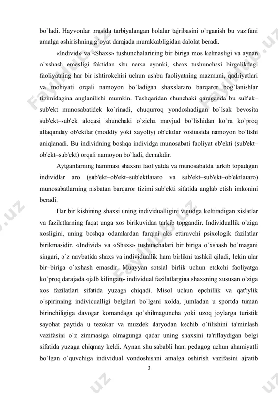 n etakchi faoliyatga ko`proq darajada «jalb kilingan» individual fazilatlargina shaxsning xususan o`ziga xos fazilatlari sifatida yuzaga chiqadi. misol uchun epchillik va qat'iylik o`spirinning individualligi belgilari bo`lgani xolda, jumladan u sportda tuman birinchiligiga davogar komandaga qo`shilmaguncha yoki uzoq joylarga turistik sayohat paytida u tezokar va muzdek daryodan kechib o`tilishini ta'minlash vazifasini o`z zimmasiga olmagunga qadar uning shaxsini ta'riflaydigan belgi sifatida yuzaga chiqmay keldi. aynan shu sababli ham pedagog uchun ahamiyatli bo`lgan o`quvchiga individual yondoshishni amalga oshirish vazifasini ajratib ko`rsatish kerak. bu esa o`quvchining differentsial–psixologik xususiyatlari (xotirasi, diqqati, temperamenti, u yoki bu qobiliyatlarining rivojlanganligi va xokazo) ni hisobga olishni, ya'ni o`quvchining o`z tengdoshlaridan nimasi bilan farq qilishi va shu munosabat bilan tarbiyaviy ishni qanday tashkil etish kerakligini aniqlashni taqozo qiladi. o`quvchining tafakkuri, irodasi, xotirasi, xis–tuyg`ularining individual xislatlarini hisobga olish bilangina cheklanmasdan, balki individning jamoadagi va jamoaning esa uning shaxsidagi mavqeini aniqlashga yo`naltirilgan yondoshuvgina insonning sotsial bog`lanishlar tizimining shaxsda namoyon bo`lishi sifatidagi mohiyatini …