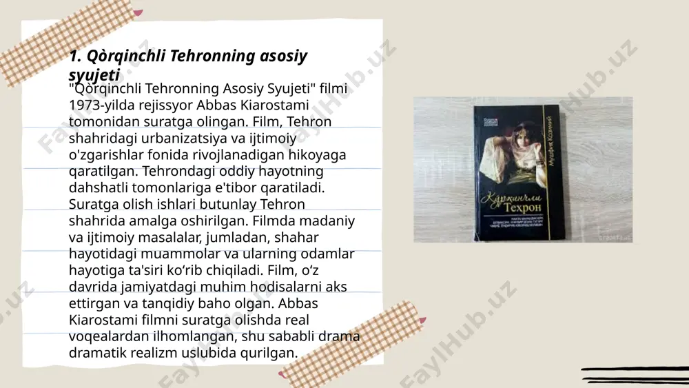 im zamonlardan boshlab insoniyat evolyutsiyasi va rivojlanishini aks ettiradi. eng qadimgi davrlardan biri paleolit bo'lib, u eramizdan avvalgi 2,5 million yil avval boshlangan. neolit davrida, taxminan eramizdan avvalgi 10,000-3,000 yillar oralig'ida masalan, qishloq xo'jaligi rivojlandi. bronza davri eramizdan avvalgi 3,300 yildan boshlanib, 1,200 yillarga qadar davom etgan. temir davri undan keyin keladi. bu davrda metall qurollar keng tarqaldi. qadimgi misr sivilizatsiyasi eramizdan avvalgi 3,100 yilda, mesopotamiya esa eramizdan avvalgi 3,500 yilda paydo bo'lgan. xitoy sivilizatsiyasi takroran eramizdan avvalgi 1,600 yillarda rivojlandi. ushbu tarixiy voqealar insoniyat taraqqiyotining muhim bosqichlarini tashkil etgan. ... t.me/slaydai_bot 7. asarda qoʻllanilgan tasviriy sanʼat asarda tasviriy sanʼat qoʻllanilishi asarning mazmunini boyituvchi va turli xil hissiy taʼsirlar yaratishda muhim ahamiyatga ega. tasviriy sanʼat turli stil va usullarda asarda oʻz ifodasini topadi, masalan, portretlar, peyzajlar yoki geometrik shakllar yordamida. asarda ranglar, chiziqlar va teksturalar orqali maʼlumot va hissiyotlar ifodalanadi. ushbu sanʼat turi oʻz tarixi davomida turli davrlarda oʻzgarib, rivojlanib …
