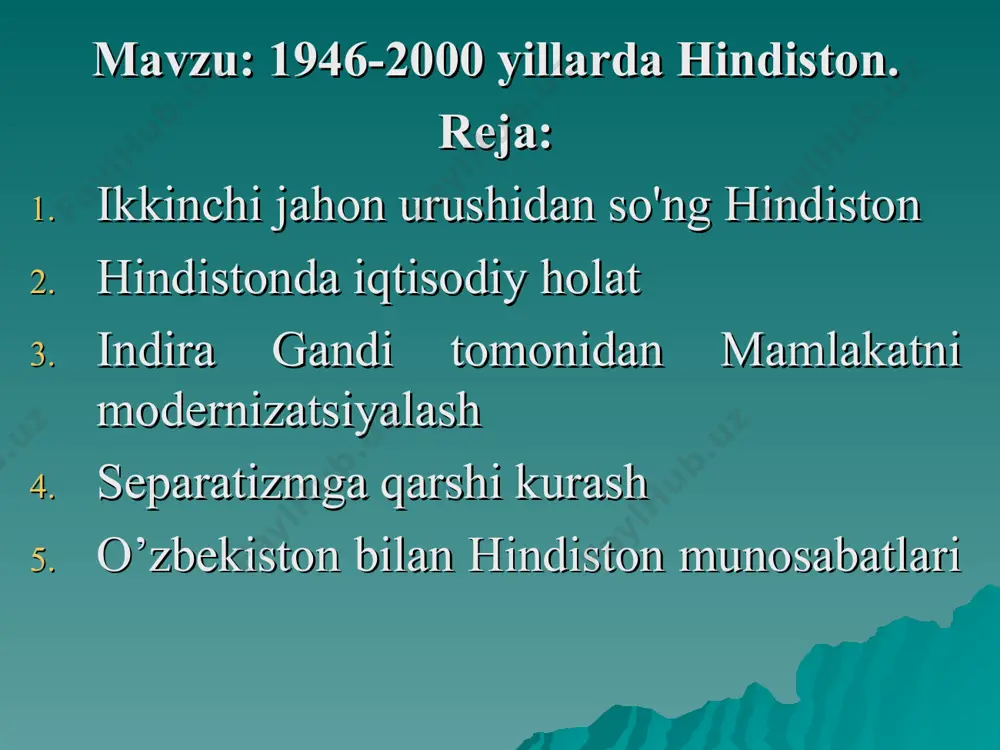 toliq yoki qisman xorijiy kapital nazorati ostiga o'tdi.hind milliy burjuaziyasining zaifligini hisobga olgan holda javoharlal neru boshchiligidagi hukumat iqtisodda xususiy tadbirkorlarni qo'llab-quvvatlashi lozim bo'lgan davlat sektorini tashkil etishga kirishdi. davlat sektoriga ilgari inglizlarga qarashli bo'lgan aviatsiya, kemasozlik kompaniyalari, temir yo'l, shuningdek, davlat nazorati ostidagi korxonalar ham o'tdi. chet el kapitali og'ir sanoat tarmog'iga jalb etildi. bunday yo'nalishdagi industrlashtirish sanoat ishlab chiqarish o'sishiga yordam berdi. uning hajmi mustaqillik yillarida uch baravar oshdi. ayniqsa, og'ir industriya va energetika sohasi tez sur'atlarda o'sa boshladi. yalpi milliy mahsulotdagi davlat sektori 20 foizni tashkil etdi. hindiston 1990-yilda 170 milliard kvt/soat elektroenergiya, 12 million tonna po'lat, 30 million tonna neft ishlab chiqardi. alyuminiy ishlab chiqarish tez o'sa boshladi. avtomobil va avtobus, radiopriyomnik, televizor, fotoapparat kabi sanoat mollari ishlab chiqarish tezkor sur'atlarda rivojlana boshladi. hindiston traktor ishlab chiqarish bo'yicha yetakchi mamlakatlar safidan o'rin oldi. biroq mamlakatda agrar islohot o'tkazilmadi. 20 foizdan ko'proq qishloq aholisi umuman o'z yeriga …