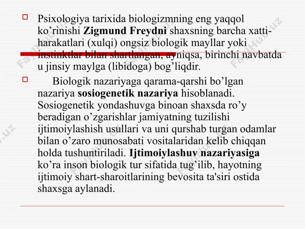 n, o’layotgan bemor o’z kasalligini rad etadi. ichkilikka berilgan o’g’lining qilmishlarini ota-ona tan olmaydi. a.g.kovalyovning fikricha, shaxs – bu ijtimoiy munosabatlarning ham ob’ekti ham sub’ektidir. a.n.leont’ev ushbu masalaga boshqacharoq yondashadi va unga shunday ta’rif beradi: shaxs faoliyat sub’ektidir. k.k.platonovning talqiniga binoan jamiyatda o‘z rolini anglovchi, jamiyatning ishga layoqatli, yaroqli a’zosi shaxs deyiladi. bu muammo mohiyatini chuqurroq ochishga harakat qilgan s.l.rubinshteyn ta’rificha, shaxs – bu tashqi ta’sirlar yo‘nalishini o‘zgartiruvchi, ichki shart-sharoitlar majmuasidir. sobiq sovet psixologiyasida shaxs tuzilishiga doir qator manbalar keltirilgan. jumladan, s.l.rubinshteyn bo‘yicha shaxs tuzilishi quyidagi ko‘rinishga ega: yo‘nalganlik – ehtiyojlar, qiziqishlar, ideallar, e’tiqodlar faoliyat va xulqning ustuvor motivlari hamda dunyoqarashlarda ifodalanadi. bilimlar, ko‘nikmalar, malakalar – hayot va faoliyat jarayonida egallanadi. individual tipologik xususiyatlar – temperament, xarakter, qobiliyat-larda aks etadi. a.g.kovalyov talqiniga binoan shaxs quyidagi tuzilishga ega: 1. yo‘nalganlik – voqelikka nisbatan inson munosabatini aniqlaydi, unga o‘zaro ta’sir etuvchi har xil xususiyatli g‘oyaviy va amaliy ustanovkalar, qiziqishlar, ehtiyojlar kiradi. ustuvor …
