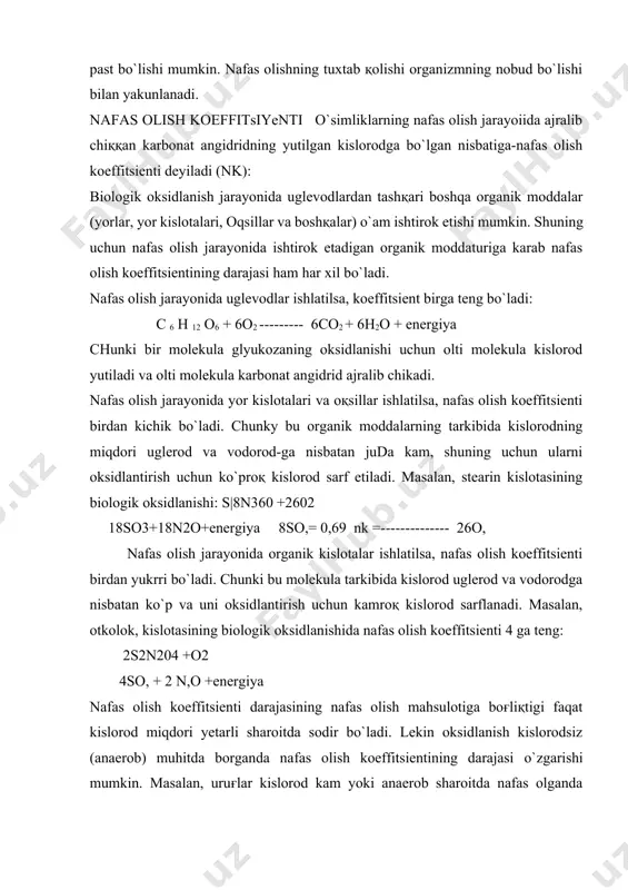 i sharoitda sodir bo`ladi. lekin oksidlanish kislorodsiz (anaerob) muhitda borganda nafas olish koeffitsientining darajasi o`zgarishi mumkin. masalan, uruғlar kislorod kam yoki anaerob sharoitda nafas olganda (suvga botirilib saklansa) xavodan o2 yutilmaydi, lekin co, ajralib chiqadi. bunda nafas olish koeffitsienti birdan yuqori bo`ladi. nafas olish ximizmi. nafas olishning shakliy tenglamasi bu murakkab fiziologik jarayonni to`la tavsiflay olmaydi. chunki bunda juda ko`p oraliқ reaktsiyalar sodir bo`ladi. natijada kimyoviy energiya oz-ozdan ajralib chikadi va o`zlashtiriladi, o`zlashtirilmay kirgani esa issiqlik energiyasiga aylanadi va tarqaladi. nafas olishda organik moddalarning kislorod yordamida anorganik moddalarga parchalanishi mazkur jarayonning uziga xos xususiyatlari borligini ko`rsatadi. chunki organizmdan tashқarida bu organik modda-lar molekulyar kislorod bilan reaktsiyaga kirishmaydi. nafas olish jarayonining ana shu uziga xos xususiyatlari ni aniklab, nafas olish ximizmining xozirgi zamon tushunchasiga asos solgan olim-lar: a.n.bax, v.i. palladii va s.p.kostichevlar x.isoblanadilar. a.n.baxning pyeroksid nazariyasi. 1897 yilda a.n.bax biologik oksidlanishning peroksid nazariyasini ishlab chikdi. unga kura, atmosferadagi molekulyar kislorod inert …