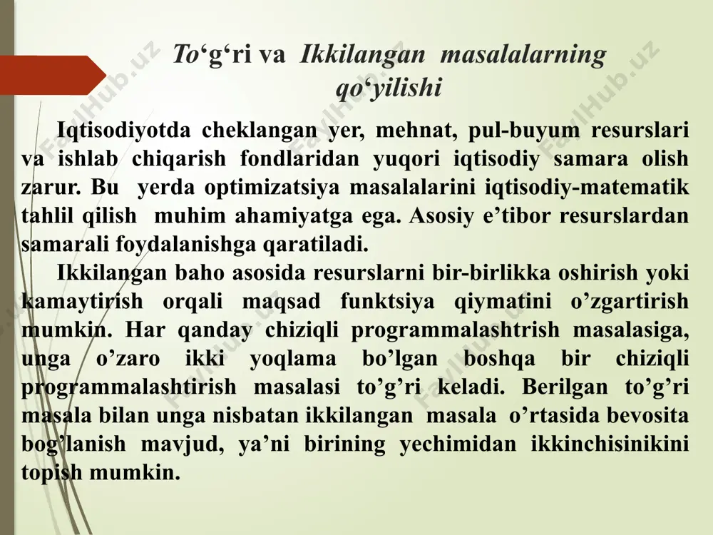 tematik usullar va modellar»t. musiqa nashriyoti, 2008 yil. 3.g.shodmonova, b.o.raxmankulova. matematik modellashtirish fanidan amaliy topshiriqlarni bajarish uchun uslubiy qo‘ llanma, t.2016 y. etiboringiz uchun rahmat image1.png image2.png image3.wmf image4.png image5.png image6.emf oleobject1.bin image7.png image8.png image9.png image10.png max ... 2 2 1 1 ® + + + = n n x c x c x c z endi (1)-(2) masalaga ikkilangan masalaning matematik modelini tuzamiz. buning uchun m uuu,...,, 21 orqali i - turdagi resurs birligining narxini belgilaymiz. u holda sarf qilingan umumiy resursning narxi min... 2211  mm ubububz bo’ladi. /docprops/thumbnail.jpeg