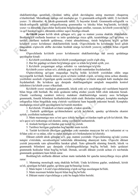 ta'minlaydi. imlo qoidasi bevosita grammatik nazariya elemcnllaridan so'ng o'rganiladi. masalan, otlarning kelishiklar bilan turlanishi o'rganilgach, kelishik qo'shimchalarining yozilishi haqidagi ko'nikma shakllantiri​ladi. „sifat" mavzusini o'rganish -roq qo'shimchasining va qip-qizit, yum-yumaloq kabi sifatlarning yozilishiga, „fe'l" mavzusini o'rganish bo'lishsizlik (-ma) va o'tgan zamon (-di) qo'shimchalarining yozili​shiga zamin yaratadi. imlo qoidalarini o'rgatishga bunday yondashish boshlang'ich sinflarda barcha orfografik materiallarni o'rganishda lipik hisoblanadi. imlo qoidaiari ustida ishlash - murakkab jarayon, qoidaning mohiyatini ochish, o'quvchilarning qoida ifodasini o'rgamb olishlari, qoidani yozuv tajribasiga tatbiq etish uning asosiy komponentlari hisoblanadi. qoida mohiyatini ochish qoida so'zning qaysi qismini, qaysi so'z turkumi yoki grammatik shaklni yozishni boshqarishini, bunda qaysi belgilar yetakchi ekanini tushuntirish demakdir. o'quvchilarni qoida bilan tanishtirish uchun material tanlashda o'qituvchi bu yetakchi belgilarni albatta hisobga oladi. qoida ifodasi ustida darslik bo'yicha ishlanadi. bunda o'quv​chilarning qoida tarkibini anglab yetishlari ahamiyatlidir. shuning uchun darslikdagi qoida qismlarga bo'linadi (aslida o'quvchilar bu vazifani mashq jarayonidayoq bajarib qo'yadilar). o'quvchilar o'rganilgan qoidaga misol aytish …