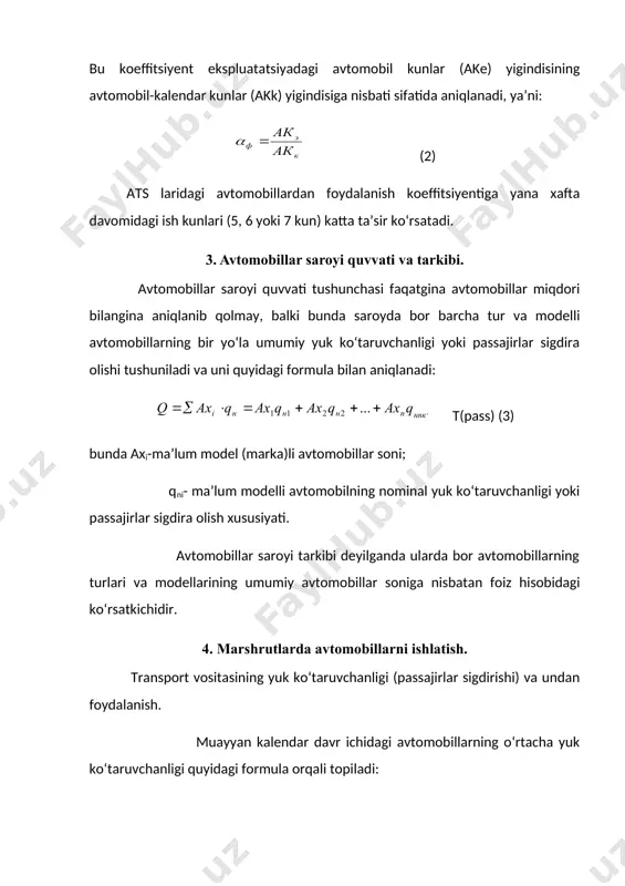 ruvchanligi (passajirlar sigimi) har xil avtomobillarda turli masofalarga tashishda statik yuk ko‘taruvchanlik (passajirlar sigdira olishi) koeffitsiyentidan foydalanish yetarli bo‘lmaydi. shuning uchun, unga qo‘shimcha ravishda amalda bajarilgan tkm (pass.km) transport ishining tashish jarayonida nominal yuk ko‘taruvchanlikdan to‘la foydalanilgandagi miqdorga nisbati bo‘lmish dinamik koeffitsiyentdan ham foydalaniladi. bir avtomobil va bir necha yukli qatnov uchun ushbu koeffitsiyent (7) ats dagi barcha avtomobillar uchun (8) yuk tashish avtomobillaridan foydalanishda statik va dinamik yuk ko‘taruvchanlikdan foydalanish koeffitsiyentlari quyidagi ikki xususiy holda o‘zaro teng bo‘ladi: 1. agar bir avtomobil har xil masofaga va amalda bir xil xajmdagi yuk tashisa, ya’ni q amalda = const. 2. agar bir avtomobil har xil xajmdagi yukni, bir xil masofaga tashiganda, ya’ni 1 yuk = const. bunday hollarda γst dan foydalaniladi. avtomobil bir necha yukli qatnovni har xil masofada amalga oshirib, har safar har xil hajmdagi yukni tashiganda γd dan foydalaniladi. yuk ko‘taruvchanlikdan foydalanish koeffitsiyenti yuqori darajada bo‘lishi uchun: tanlanayotgan transport …