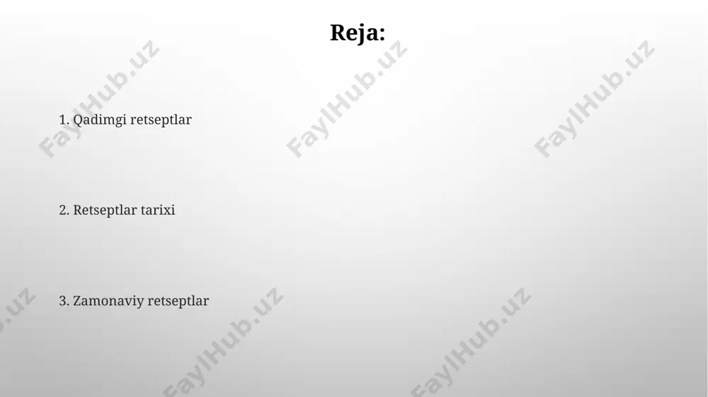 rning koʻpayishi tufayli, shirinliklar va murakkab soslarga oid 20 dan ziyod yangi retseptlar yaratildi, bu esa oshpazlik san'atida yangi bosqichning boshlanishini anglatadi. uygʻonish davrida, taxminan 15-16-asrlarda, yangi bosma texnologiyalarining rivojlanishi tufayli oshpazlik kitoblari ommaviylashdi, natijada 100 dan ortiq yangi retseptlar tarqaldi. kelajakdagi retseptlar va oshxona tendentsiyalari o'simlik asosidagi oziq-ovqat mahsulotlarining ommalashuvi tufayli, 2030 yilga borib, go'shtsiz taomlarning retseptlari soni 50% ga o'sishi va an'anaviy retseptlar bilan tenglashishi kutilmoqda. kelajakdagi retseptlar, sun'iy intellekt yordamida shaxsiylashtirilgan ovqat rejalarini avtomatik ravishda yaratishga imkon beradi, bu esa 2040 yilga kelib 30% ga ko'p odamlarning sog'lom ovqatlanishiga yordam beradi. qadimgi misr va mesopotamiya retseptlari qadimgi misr papiruslarida 3000 yildan ortiq tarixga ega bo'lgan, non va pivo tayyorlashga oid 70 dan ortiq retseptlar saqlanib qolgan. misr va mesopotamiya retseptlari orasida ko'plab o'xshashliklar mavjud bo'lib, bu ikki madaniyat o'rtasidagi aloqalarni va oziq-ovqat texnologiyalarining rivojlanishini ko'rsatadi. zamonaviy retseptlar va oshpazlik texnologiyalari oziq-ovqat protsessorlari va sous vide texnologiyalari kabi …