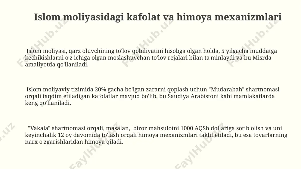 o'lash muddatlarini uzaytirish mexanizmlari qarz muddatini uzaytirish mexanizmi, shartnoma shartlariga asosan, 12 oygacha bo'lgan davrda, masalan, saudiya arabistonidagi banklar tomonidan qo‘llaniladi va bu foiz stavkalarining o‘zgarishiga olib kelishi mumkin. islom moliyasi doirasida qarz oluvchilarga 20% gacha muddat uzaytirish imkoniyati berilishi mumkin, bu esa o‘zbekistondagi kichik va o‘rta biznes sub’ektlariga 5 yilgacha bo‘lgan muddatlarda yengillik beradi. to'lovlarni kechiktirish bo'yicha takliflarni baholashda, misrda joylashgan moliyaviy muassasalar o'rtacha 30 kunlik kechikishni 10% gacha qo'shimcha to'lov bilan qoplashni taklif qilishi mumkin. qarzdorning huquqlari va majburiyatlari islom moliyasi qarzdorga qarzini to'lash muddatini uzaytirishga yordam beradi, lekin bu 3 oydan ko'p bo'lmasligi kerak, agar qarz miqdori 5000 aqsh dollaridan kam bo'lsa. qarzdorning kechiktirish huquqi, agar u qarz miqdorining 10% ni kafolat sifatida taqdim etsa va bu toshkent shahridagi banklarning ko'pchiligi tomonidan qo'llaniladigan amaliyot bo'lsa, amalga oshirilishi mumkin. qarz oluvchi (qarzdor) 20% dan ortiq bo'lmagan miqdorda kechiktirishni so'rashi mumkin, agar bu qarz muddati 1 yildan oshmasa va …