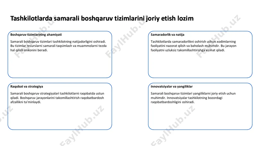 optimallashtirish orqali tashkilotlar operatsion xarajatlarni kamaytiradi va xizmat ko'rsatishda yaxshilanishlarga erishadi. moliya va resurslarni samarali boshqarish davlat tashkilotlari uchun muhim hisoboti va nazorat moliya hisobotlari va nazorat mexanizmlari hisobotli va shaffof boshqaruvni ta'minlaydi, natijada tashkilotlarni yanada rivojlantirish imkoniyatlari paydo bo'ladi. moliya va resurslarni samarali boshqarish davlat tashkilotlari uchun muhim uzoq muddatli rejalashtirish uzoq muddatli rejalashtirish tashkilotlarning moliyaviy resurslarini yanada samarali boshqarishiga yordam beradi, bu esa ijtimoiy rivojlanishga ham ta'sir ko'rsatadi. ochiq muloqot va shaffoflik davlat tashkilotlarida muhim ahamiyatga ega ochiq muloqot ochiq muloqot davlat tashkilotlarida muhim jarayon hisoblanadi. bu jarayon, tashkilot ichidagi axborot oqimini yaxshilash va xodimlar o'rtasidagi ishonchni oshirishni ta'minlaydi. ochiq muloqot va shaffoflik davlat tashkilotlarida muhim ahamiyatga ega shaffoflik shaffoflik davlat tashkilotlari faoliyatini ochiq qilish uchun zarurdir. bu, fuqarolar ishtirokini kuchaytiradi va yaxshilangan hisobdorlikni ta'minlaydi. ochiq muloqot va shaffoflik davlat tashkilotlarida muhim ahamiyatga ega foydalar ochiq muloqot va shaffoflik davlat xizmatlarining samaradorligini oshiradi. tashkilotlarning aniq maqsadlarini belgilash va …