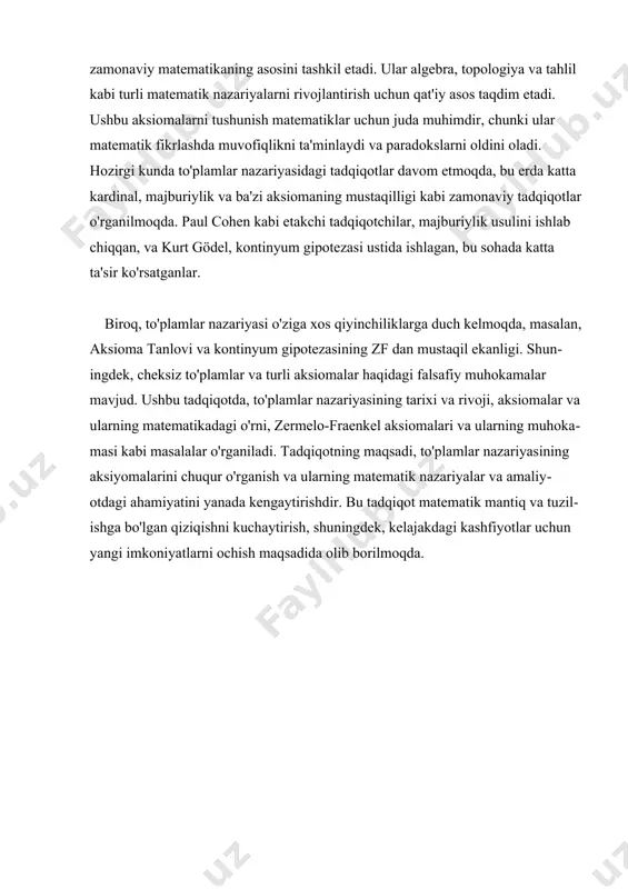 kabi olimlar muhim hissa qo'shdilar. cohen, masalan, "majburiy qilish" usulini ishlab chiqdi, bu esa to'plamlar nazariyasida yangi nazariyalar va tushunchalar paydo bo'lishiga imkon berdi. gödel esa, davomiylik gipotezasi ustida ishladi va uning ba'zi versiyalarining zf nazariyasidan mustaqil ekanligini ko'rsatdi. bu o'zaro bog'liqliklar to'plamlar nazariyasining rivojlanishida yangi yo'nalishlar va tadqiqotlar uchun imkoniyatlar yaratdi bugungi kunda to'plamlar nazariyasi davom etayotgan izlanishlar va yangi nazariyalar bilan to'ldirilmoqda. to'plamlar nazariyasi matematiklarning asosiy tushunchalarini anglash va yangi nazariyalar bilan tanishish uchun zaruriy poydevor sifatida qabul qilinadi. to'plamlar nazariyasining tarixiy rivoji, matematik nazariyalar muammolarini hal qilishda va yangi g'oyalarni yaratishda muhim rol o'ynaydi. ii. aksiomalar va ularning matematikasidagi o'rni aksiomalar va ularning matematikasidagi o'rni matematikaning asosiy tarmoqlaridan biri bo'lgan to'plamlar nazariyasi, to'plamlar va ularning xususiyatlarini o'rganadi. to'plamlar nazariyasining aksiomalari esa bu nazariyaning asosiy poydevorini tashkil etadi. ular matematik mantiq va tushunchalarni aniq belgilashda muhim ahamiyatga ega. aksiomalar, o'z navbatida, matematikada xato va paradokslarni oldini olish uchun …