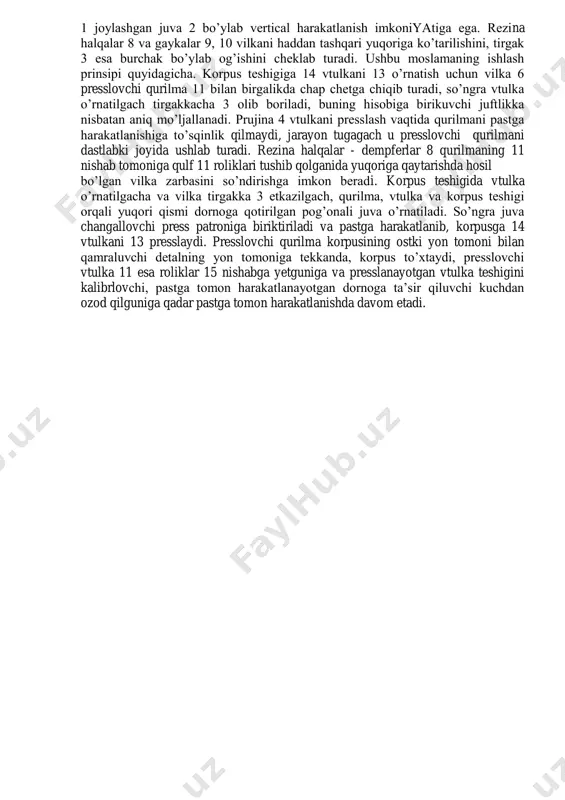 tga tomon harakatlanishda davom etadi. 25-rasm. vtulkalarni presslash mexanik jarayoni va uning teshiklarini kalibrlash uchun qurilma 10.2. mashinalarni yig’ish yordamchi jarayonlarini mexanizatsiyalash yordamchi yig’ish qurilmalariga transportirlash, ko’tarish, o’rnatish, alohida detallarni va uzellarni biriktirish qurilmalari mansub. 26-rasm. ko’tarish-transport vositalar tasnifi ayrim elektr va pnevmatik ko’targichlar, shunindek yengil aylanma va polga o’rnatilgan kranlardan tashqari sxemada ko’rsatilgan ko’atarish va ko’tarish- transport vositalari asosan qo’zg’almas yig’ishda, ko’targich va kranlar - qo’zg’almas va harakatlanuvchi yig’ishda, transport vositalari esa qo’zg’aluvchi yig’ish uchun mo’ljallangan. yig’ish ishlari mehnat sarfining asosiy ulushini yig’ilayotgan ob’ektlarni gorizontal harakatlanishiga sarflanadigan vaqt tashkil qiladi. buni kamaytirish maqsadida qo’l bilan yig’ilayotgan buyumni harakatlantirilayotganda rolganga, relsn va relssiz yo’lli aravalar, yuqori mexanizatsiyalashish va avtomatlashish darajasida - konveyrlardan foydalaniladi. yig’uv sexlarida qo’llaniladigan konveyrlarni ikki guruhga: yig’ish - uzel yoki umumiy yig’ishda yig’ilayotgan buyumlar ni surish uchun, transport - detal va komplektlarni yig’ish maydoni va liniyalarga uzatish konveyrlariga bo’lish mumkin.