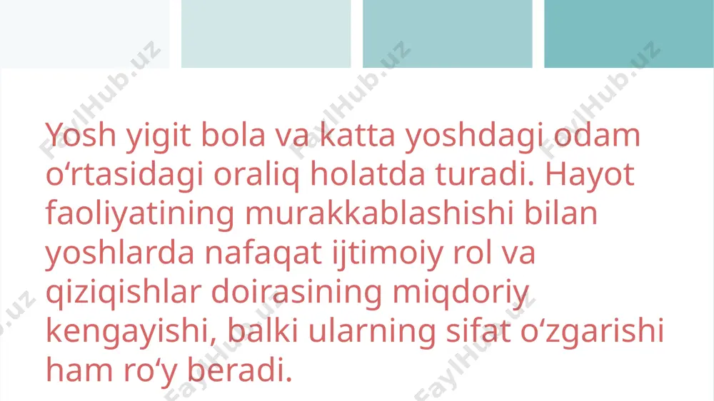 davridan ikkinchisiga o‘tishda yuzaga keladigan turli xil o‘zgarishlarni o‘rganadi. odatda bu o‘zgarishlar hayotning muayyan bosqichlarida, 1 necha oydan (go‘daklik davri) to bir necha yillarni (katta yosh davrida) o‘z ichiga oladi. yetuklik bosqichida jismoniy va aqliy imkoniyatlardan to’laroq foydalanish ko’nikmasi paydo bo’ladi. bu xol butun kuch-quvvat, aqliy, zo’riqish, iroda kuchi, asab taranglashuvi xisobiga emas, balki muayyan ko’nikma, malaka va mahorat asosida ro’y beradi. shu bilan birga keksalik davrida biologik organning zaiflashuvi psixik jarayonlarning ham o‘zgarishiga olib keladi. bu esa bilish jarayonlari (sezgi, idrok, xotira, tafakkur...), axloq (hushyorlik, hozirjavoblik, topqirlik...) va aql-zakovat (aql, bilim, ijtimoiy tajriba, mahorat, ijodiy faoliyat, barqaror malaka...) kabi ruhiy holatlarda o‘z aksini topadi. bu davrda sezgi organlarining zaiflashuvi, asab sistemasining kuchsizlanishi, xotira, tafakkur, diqqatni to‘plashning qiyinlashuvi, unutish jarayonining kuchayishiga olib keladi. . lekin shunga qaramay, keksalarda ma’naviy-ruhiy jihatdan o‘zligini anglashning yanada takomillashuvi, o‘z-o‘zini baholash, nazorat qilish, o‘z-o‘ziga buyruq berish kabi mezonlar, mas’uliyat hissining ortishi, kelajakka intilish, ishchanlik qobiliyatining …