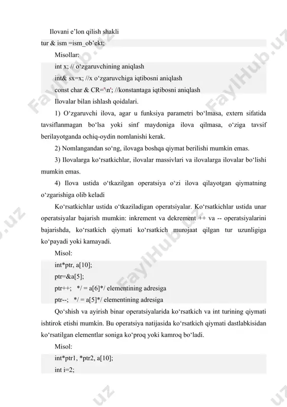 . konstanta ko‘rsatkich qiymatini o‘zgartirish mumkin emas lekin * amali yordamida xotiradagi ma’lumot qiymatini o‘zgartirish mumkin. misol uchun *key_byte=’yo’ amali 1047(0x0417) adres qiymati bilan birga klaviatura xolatini ham o‘zgartiradi. konstantaga ko‘rsatkich quyidagicha ta’riflanadi: const* = . misol uchun const int zero=0; int const* p=&zero; bu ko‘rsatkichga * amalini qo‘llash mumkin emas, lekin ko‘rsatkichning qiymatini o‘zgartirish mumkin. qiymati o‘zgarmaydigan konstantaga ko‘rsatkichlar quyidagicha kiritiladi: const* const = . misol uchun const float pi=3.141593; float const* const pp=&pi; turlashtirilmagan ko‘rsatkich. turlashtirilmagan (tipiklashtirilmagan) ko‘rsatkich void turga ega bo‘lib, ixtiyoriy turdagi o‘zgaruvchi adresi qiymat sifatida berilishi mumkin. maxsus void tipidagi ko‘rsatkichlar ajdodiy ko‘rsatkichlar deb atalib har xil tipdagi ob’ektlar bilan bog‘lanish uchun ishlatiladi. misol uchun: int i=77; float euler=2.18282; void *vp; vp=&i; cout * [ ] misol uchun int *pt[6] ta’rif int tipidagi ob’ektlarga olti elementli massivni kiritadi. ko‘rsatkichlar massivlari satrlar masssivlarini tasvirlash uchun qulaydir. misol uchun familiyalar ro‘yxatini kiritish uchun ikki o‘lchovli massivdan foydalani …