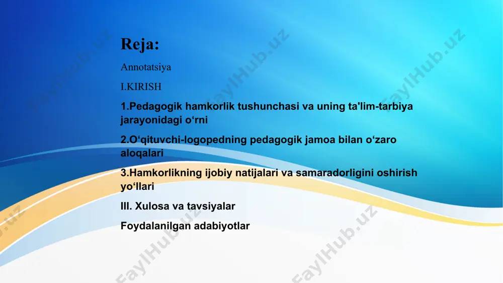 mkorlik shaklidir. bu hamkorlikning asosiy maqsadi — ta’lim oluvchining har tomonlama sog‘lom, mustaqil va barkamol shaxs sifatida rivojlanishiga yordam berishdir. pedagogik hamkorlik quyidagi yo‘nalishlarda o‘z ifodasini topadi: 1. ta’lim jarayonini rejalashtirishda hamkorlik. logoped va boshqa mutaxassislar birgalikda mashg’ulot mazmunini, uslublarini, rivojlantiruvchi topshiriqlarni ishlab chiqadi. bu ayniqsa nutqida nuqsoni bo‘lgan yoki o‘zlashtirishda ortda qolayotgan bolalar bilan ishlaganda muhimdir. 2. bolalarning rivojlanishini monitoring qilishda hamkorlik. har bir bola haqida umumiy tushuncha shakllantirish uchun logopedning kuzatuv natijalari, pedagoglarni baholari, psixologik tavsiyalar bir-birini to‘ldiradi. bu esa holatga to‘g‘ri baho berish va individual yondashuvni tanlashga imkon beradi. 3. tarbiya jarayonida hamkorlik. ota-onalar, o‘qituvchi va boshqa pedagogik jamoa vakillari bolaga bir xil tarbiyaviy ta’sir o‘tkazish uchun uzviy harakat qiladi. tarbiya jarayonining uyg‘unligi bola xarakterining shakllanishiga ijobiy ta’sir ko‘rsatadi. 4. muammolarni hal qilishda jamoaviy yondashuv. nutqiy, psixologik yoki ijtimoiy muammolarga ega bo‘lgan bolalar bilan ishlashda har bir ishtirokchining hissasi muhim. ular muammoni aniqlash, tahlil qilish, choralar ishlab …