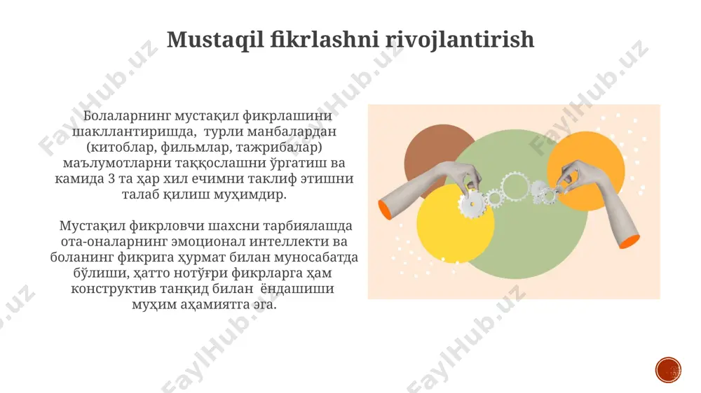 kichik sovg'alar samarali bo'ladi, ijobiy mustahkamlash printsipiga asoslanadi. samarali tarbiya uchun mukofotlash va jazolashning nisbati 3:1 bo'lishi kerak, ya'ni 3 ta ijobiy harakat uchun 1 ta salbiy harakatga munosabat bildirish lozim. tengdoshlar ta'siri salbiy tengdoshlar ta'siri, giyohvandlik, zo'ravonlik va jinoyatchilik kabi xavfli xulq-atvorlarning rivojlanishiga olib kelishi mumkin, bu esa keyinchalik ijtimoiy moslashish muammolariga olib keladi. tengdoshlar ta'siri, bolaning ijtimoiylashuv jarayonida muhim rol o'ynab, uning xulq-atvori, qarashlari va qadriyatlariga 3 yoshdan 18 yoshgacha bo'lgan davrda kuchli ta'sir ko'rsatadi. bolani tarbiyalashning an'anaviy usullari an'anaviy tarbiyada og'zaki hikoyalar, maqollar, topishmoqlar va ertaklar yordamida bolalarga axloqiy qadriyatlar, tarix va madaniyat haqida bilimlar berilgan. oilaviy an'analar, urf-odatlar va marosimlar orqali (masalan, 7 yoshda qur'on o'qishni boshlash, 12 yoshda hunarga o'rgatish) bolalarning ijtimoiylashuvi va axloqiy tarbiyasi ta'minlangan. qiyinchiliklarni yengishga yordam berish qiyinchiliklarga duch kelganda, bolalarga emotsional qo'llab-quvvatlash, o'ziga ishonchni oshirish va stressni boshqarish texnikalarini o'rgatish muhim ahamiyatga ega, bu ularning ruhiy salomatligini himoya qiladi. bolalarga muammolarni …