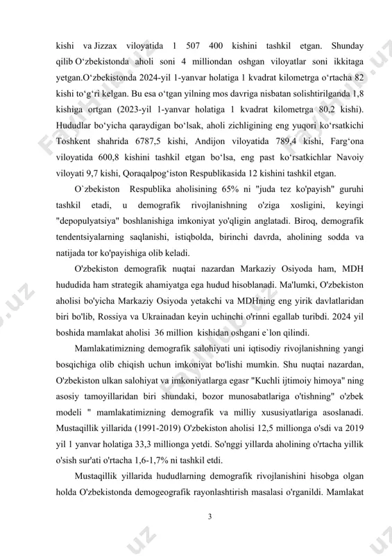 rossiya va ukrainadan keyin uchinchi o'rinni egallab turibdi. 2024 yil boshida mamlakat aholisi 36 million kishidan oshgani e`lon qilindi. mamlakatimizning demografik salohiyati uni iqtisodiy rivojlanishning yangi bosqichiga olib chiqish uchun imkoniyat bo'lishi mumkin. shu nuqtai nazardan, o'zbekiston ulkan salohiyat va imkoniyatlarga egasr "kuchli ijtimoiy himoya" ning asosiy tamoyillaridan biri shundaki, bozor munosabatlariga o'tishning" o'zbek modeli " mamlakatimizning demografik va milliy xususiyatlariga asoslanadi. mustaqillik yillarida (1991-2019) o'zbekiston aholisi 12,5 millionga o'sdi va 2019 yil 1 yanvar holatiga 33,3 millionga yetdi. so'nggi yillarda aholining o'rtacha yillik o'sish sur'ati o'rtacha 1,6-1,7% ni tashkil etdi. mustaqillik yillarida hududlarning demografik rivojlanishini hisobga olgan holda o'zbekistonda demogeografik rayonlashtirish masalasi o'rganildi. mamlakat aholisi uchun so'nggi yillarda birinchi, ikkinchi va uchinchi bola ehtiyoj va istaklarning natijasidir, keyingi quyidagi bolalar miqdorining keskin pasayishi, aksariyat hollarda urf-odatlar va an'analar asta-sekin yangi iqtisodiy munosabatlarga moslashmoqda deb o'ylash mumkin. shu maqsadda biz mamlakatni uchta mintaqaga ajratdik - tog'li, cho'l va aralash. ushbu …