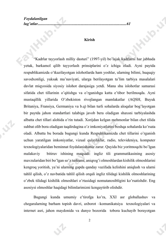 ingliz tili grammatikasining asosiy mavzularidan biri bo’lgan so’z turkumi, aniqrog’i olmoshlardan kishilik olmoshlarini kengroq yoritish, ya’ni ularning gapda qanday vazifada kelishini aniqlash va ularni tahlil qilish, o’z navbatida tahlil qilish orqali ingliz tilidagi kishilik olmoshlarining o’zbek tilidagi kishilik olmoshlari o’rtasidagi nomutanosibligini ko’rsatishdir. eng asosiysi olmoshlar haqidagi bilimlarimizni kengaytirib olishdir. bugungi kunda umumiy e’tirofga ko’ra, xxi asr globallashuv va chegaralarning barham topish davri, axborot –komunikatsiya texnologiyalari va internet asri, jahon maydonida va dunyo bozorida tobora kuchayib borayotgan raqobat asriga aylanib borayotganini isbotlab berishga hojat yo’q, albatta. bunday sharoitda inson kapitaliga yo’naltirilayotgan investitsiya va qo’yilmalarning o’sishini, hozirgi zamonda demokratik taraqqiyot, modernizatsiya va yangilanish borasida belgilangan maqsadlarga erishishda eng muhim qadriyat va hal qiluvchi kuch bo’lgan bilimli va intellektual rivojlangan avlodni tarbiyalash vazifasini doimo o’zining asosiy ustuvor yo’nalishlari qatoriga qo’yadigan davlatgina o’zini namoyon eta olishi mumkin. avvalo shuni ta’kidlash zarurki, bundan 15 yil oldin qabul qilingan, kadrlar tayyorlash milliy dasturi deb nom olgan …