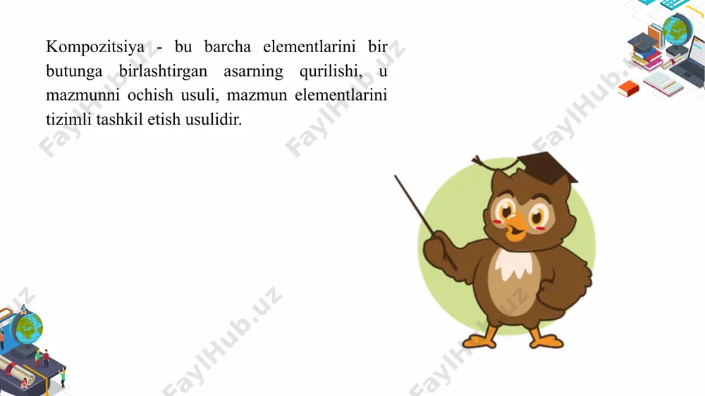 i semantik aloqalarni aniqlashga qaratilgan bo‘lib, so‘ngra bu aloqalarni, birinchidan, mantiq qonunlariga, ikkinchidan, asarning o‘ziga xos xususiyatlariga muvofiqligi nuqtai nazaridan baholashga qaratilgan. asarni umumiy qurishning u yoki bu usulining maqsadga muvofiqligi va unda turli xil nutq tuzilmalarining kombinatsiyalaridan foydalanish ish va nashrning xususiyatlari bilan belgilanadi. kompozitsiyani tahlil qilish jarayoni asarni qurishning mavjud variantlarini aqliy yo‘q qilishga, ya'ni uning parchalanishiga asoslanadi. tahlilga asoslanadigan tanqidiy yondashuv mazmunni tushunishni va muallif ularni qanday taqdim etishidan qat'i nazar, faktlar o‘rtasida ob'ektiv ravishda mavjud bo‘lgan aloqalarni o‘rnatishni talab qiladi. bu munozarali jarayon. bir tomondan, o‘qiyotganda, muallif bergan asarni qurish variantlariga aniq munosabat bo‘ladi, ikkinchi tomondan, muallifning variantlari yo‘q qilinadi va mazmun va kompozitsiyani tushunish ulardan mustaqil ravishda amalga oshiriladi. lekin ob'ektiv ravishda mavjud bo‘lgan aloqalarga, haqiqiy mantiqiy qonuniyatlarga va munosabatlarga yo‘naltirilgan holda amalga oshirilishi lozim. kompozitsion aloqalar tushunchasi mavjud. bular asarning eng turli qismlari orasidagi semantik, strukturaviy va mantiqiy munosabatlardir. ular asar va nashrda turli …