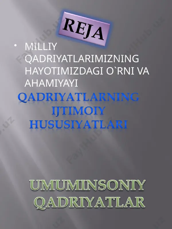 ganda, qadriyat deganda, inson va insoniyat uchun ahamiyatli bo‘lgan barcha moddiy va ma’naviy madaniyat unsurlari tu-shuniladi. qadriyatlar ijtimoiy-tarixiy taraqqiyot mahsuli bo‘lib, inson-lar o‘rtasidagi munosabatlar uchun foyda keltiradigan narsalar, ma’na-viy-ma’rifiy an’analar, urf-odatlar, xatti-harakatlar majmuyidir. qadriyat insoniyat yaratgan va yaratayotgan moddiy va ma’naviy boyliklarning gul-tojidir. qadriyatlarning ahamiyati shundaki, ular kishilarning xatti-harakati-ni, xulq-atvorini tartibga, tegishli me’yorga solishga va to‘g‘ri yo‘naltirish-ga xizmat qiladi. qadriyatlarni madaniyat singari moddiy va ma’naviy qadriyatlarga ajra-tish mumkin. moddiy qadriyatlarga insonlar uchun jismoniy qulayliklar ya-ratuvchi xo‘jalik, texnik, sog‘liq, jinsiy juftlik, moddiy boylik, qulay maishiy shart-sharoitlar, toza suv, sifatli oziq-ovqat va boshqalarni kiritish mumkin. ma’naviy qadriyatlarga insoniyat hayotiga ming yillar davomida shakl-langan an’ana, urf-odat va marosimlar, ilmiy, ma’rifiy axloqiy, estetik, di-niy, badiiy va boshqa ma’naviy boyliklar kiradi. ayrim qadriyatlar tarixiy, davriy xususiyat kasb etib, davr o‘zgarishi bilan o‘zgarib borishi mumkin. shu bilan birga, doimiy, universal ahamiyatga ega bo‘lgan qadriyatlar ham mavjud. masalan, odamni qahramonlikka, vatanga sodiqlikka un-dovchi qadriyatlar. badiiy, axloqiy qadriyatlar …
