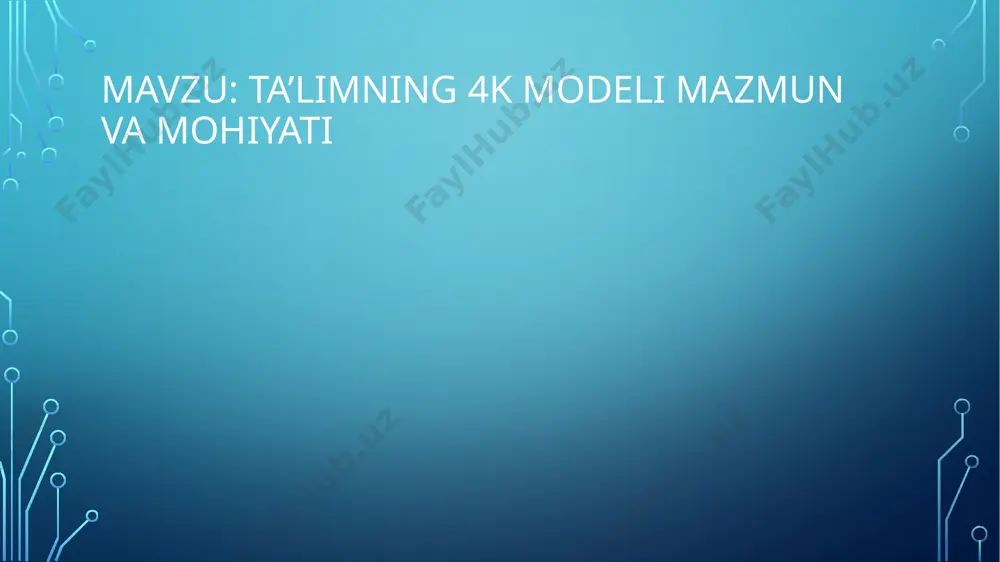 . 4k modeli o’quvchilarda o’z-o’zini anglash va o’z rivojlanishiga mas’uliyatli yondashuvni rivojlantiradi. 4k modeli yuzaki tushunishdan tashqariga chiqadi, tanqidiy fikrlash va tahlilni targ’ib qiladi.o’zgaruvchan dunyoda muvaffaqiyatli bo’lish uchun zarur bo’lgan barcha ko’nikmalarni o’zlashtirishga imkon beradi. “4 rangli qog’oz “ususli tavsifi: bu usul o’quvchilarda matn ustida ishlash ko’nikmalarini shakllantiradi. 4 xil rangli qog’ozga o’z fikrlarini yozish orqali matn yuzasidan 4 xil topshiriqni bajaradilar. image2.png /docprops/thumbnail.jpeg