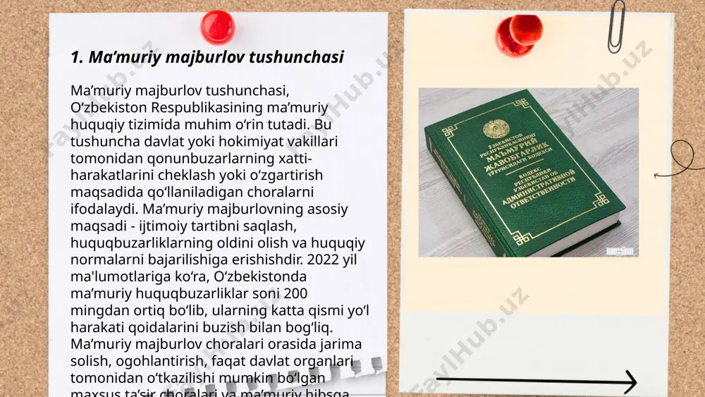 y jarimalar va jazolar keltiriladi. ushbu jarima miqdorlari qonunbuzarlikning xarakteridan kelib chiqib belgilanadi. yana bir misol sifatida, jamoat joylarida spirtli ichimliklarni iste’mol qilish uchun belgilangan ma'muriy jarimalar miqdorini keltirish mumkin. ... t.me/slaydai_bot ma’muriy jarimalar – bu qonunbuzarliklar uchun davlat organlari tomonidan qo‘llaniladigan moliyaviy jazodir. o‘zbekiston respublikasida ma’muriy jarimalar ma’muriy javobgarlik to‘g‘risidagi kodeksga muvofiq belgilanadi. jarimalarning miqdori huquqbuzarlik turiga qarab farqlanadi. masalan, jamoat joyida chekish uchun jarima miqdori eng kam ish haqining 0,5 baravaridan boshlanadi. yo‘l harakati qoidalarini buzganlik uchun jarimalar esa, buzilish darajasiga qarab, ko‘proq miqdorda bo‘lishi mumkin. jarimalar davlat byudjetiga to‘lanadi va ijtimoiy tartibni saqlashda muhim rol o‘ynaydi. 2022-yilda respublika bo‘ylab jami 1,5 milliondan ortiq ma’muriy jarima qo‘llanilgan. ... t.me/slaydai_bot 7. ma’muriy jarima tartiblari ma’muriy jarima tartiblari o’zbekiston respublikasi ma’muriy javobgarlik to'g'risidagi kodeksi bilan tartibga solinadi. umumiy tartibda, jarimalar huquqbuzarlikning og'irligi va xususiyatiga qarab belgilanadi. masalan, engil huquqbuzarliklar uchun jarimlar bazaviy hisoblash miqdorining (bhm) bir necha barobaridan boshlanadi. ko'pincha, …