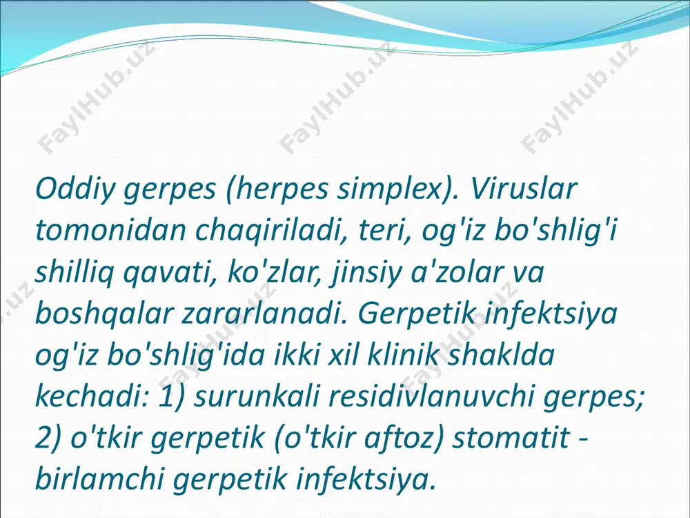 davrda temperatura 39-40 °s gacha ko'tariladi. shilliq qavat shishadi, giperemiyaga uchraydi va ko'p sonli residivlanuvchi aftoz elementlar bilan qoplanadi. lablar, lunj, til, tanglay va milklar jaroxatlanadi. agar og'iz bo'shlig'iga e'tibor kam bo'lsa, kataral gingivit yarali gingivitga aylanadi. qonda leykopeniya, tayoqchao'zakli neytrofillar soni ko'payadi. tsitologik turli darajada nekrobiozga uchrayotgan neytrofillar va limfositlar aniqlanadi. belbog ' mavzusi (herpes zoster, zona). viruslar tomonidan chaqiriladi. bu viruslar neyrotrop xususiyatga ega bo'lib, nerv tololari bo'yicha tarqalish xususiyatiga ega. dastlab jarayon nerv gangliyalarida rivojlanadi. keyinchalik kontakt yoki xavo- tomchi yo'l bilan tarqaladi. kasallik ko'pincha kuz va qish oylarida kuzatiladi. belbog'li temiratki  kasallik bosh og'rig'i, xolsizlik tana xaroratini 38-39 °s ko'tarilishi, qaltirash bilan boshlanadi. ba'zan kasallikni umumiy belgilari bo'lmasligi mumkin. bir paytning o'zida nevralgik og'riqlar paydo bo'ladi. 1-4 kundan keyin terida va shilliq qavatlarda eritematoz-vezikulyar toshmalar paydo bo'ladi . o'zgarishlar asosan bir tomonlama kechadi. belbog'li temiratki og'iz bo'shlig'i odatda shishgan va giperemiyalangan bo'ladi. shuningdek diametri 1-2 …