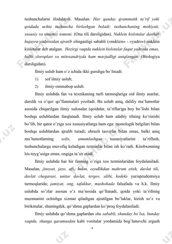rdan ko’proq foydalaniladi. ilmiy uslubda qo’shma gaplardan shu sababli, shunday bo’lsa, bunday vaqtda, shunga qaramasdan kabi vositalar yordamida bog’lanuvchi ergash gapli qo’shma gaplar ko’proq ishlatiladi. chunki bunday gaplar sabab va natija hamda boshqa munosabatlarni aniq ifodalay oladi. bog’lovchisiz qo’shma gaplar bu uslubda kamroq ishlatiladi. ilmiy matn qurilishining mantiqiy izchil bo’lishi unda boshlanmalar, gap qismlarini bog’lash uchun shunday qilib, shu sababli, bundan keyin, ko’rinadiki, shunga ko’ra, shu bilan birga, aytilganlarga ko’ra kabi so’z va so’z birikmalari qo’llaniladi. ko’p qo’llaniladigan birinchidan, bir tomondan, ikkinchi tomondan, xullas, demak shaklidagi kirish so’z va birikmalar ham yuqoridagi maqsadlarga xizmat qiladi. ilmiy uslubda fikrning aniq bir shaxs tomondan bayon qilinayotgani sezilmaydi. unda ko’proq fe’lning majhul nisbatidan foydalaniladi: dalillar keltirilgan, tajriba o’tkaziladi, foydalaniladi. yuqorida ko’rib o’tilgan xususiyatlar ilmiy uslubning lisoniy belgilaridir. bu belgilar mazkur uslubning boshqa uslublardan farqini ko’rsatuvchi asosiy xususiyatlar hisoblanadi. ilmiy adabiyotlarda ta’kidlanishicha, ma’lum fan, ishlab chiqarish sohasidagina qo’llaniladigan va asosan o’sha soha kishilari tushunadigan …