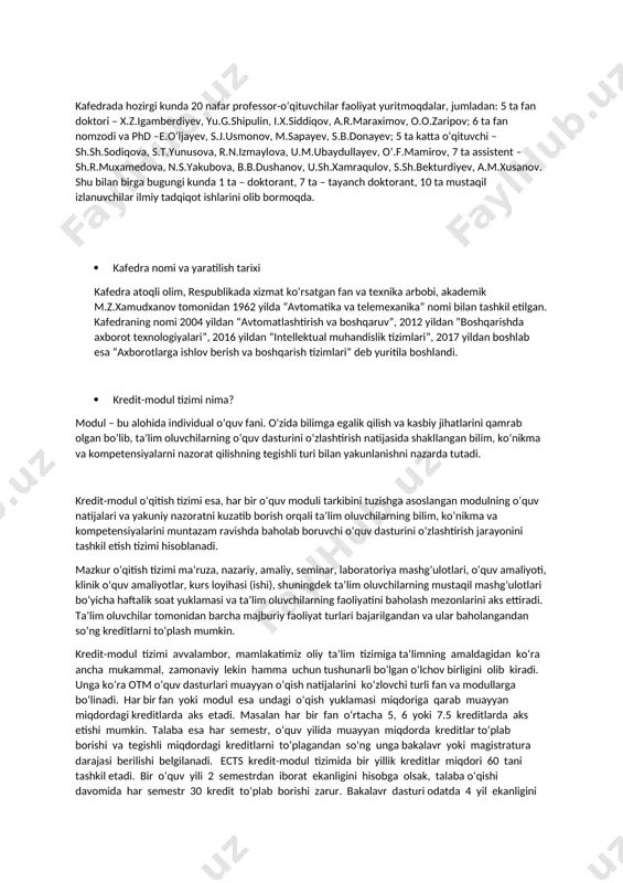 mik m.z.xamudxanov tomonidan 1962 yilda “avtomatika va telemexanika” nomi bilan tashkil etilgan. kafedraning nomi 2004 yildan “avtomatlashtirish va boshqaruv”, 2012 yildan “boshqarishda axborot texnologiyalari”, 2016 yildan “intellektual muhandislik tizimlari”, 2017 yildan boshlab esa “axborotlarga ishlov berish va boshqarish tizimlari” deb yuritila boshlandi. kafedrada hozirgi kunda 20 nafar professor-oʻqituvchilar faoliyat yuritmoqdalar, jumladan: 5 ta fan doktori – x.z.igamberdiyev, yu.g.shipulin, i.x.siddiqov, a.r.maraximov, o.o.zaripov; 6 ta fan nomzodi va phd –e.oʻljayev, s.j.usmonov, m.sapayev, s.b.donayev; 5 ta katta oʻqituvchi – sh.sh.sodiqova, s.t.yunusova, r.n.izmaylova, u.m.ubaydullayev, oʻ.f.mamirov, 7 ta assistent – sh.r.muxamedova, n.s.yakubova, b.b.dushanov, u.sh.xamraqulov, s.sh.bekturdiyev, a.m.xusanov. shu bilan birga bugungi kunda 1 ta – doktorant, 7 ta – tayanch doktorant, 10 ta mustaqil izlanuvchilar ilmiy tadqiqot ishlarini olib bormoqda. · kafedra nomi va yaratilish tarixi kafedra atoqli olim, respublikada xizmat koʻrsatgan fan va texnika arbobi, akademik m.z.xamudxanov tomonidan 1962 yilda “avtomatika va telemexanika” nomi bilan tashkil etilgan. kafedraning nomi 2004 yildan “avtomatlashtirish va boshqaruv”, 2012 …