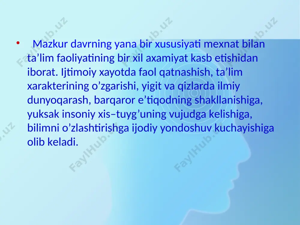 utkazish mеzoni xisoblanadi. o’spirin o`quvchilarda tabiat, san’at, adabiyot, madaniyat, ijtimoiy xayot guzalliklarini paykash, idrok qilish, sеvish, ulardan ta’sirlanish, ma’naviy ozuqa olish xislatlari paydo bo`ladi. o’spirin o`quvchilarning fanlarga munosabatlari asosan xar qaysi fanning inson dunyoqarashidagi roliga, bilish faoliyatidagi va ijtimoiy axamiyatiga, amaliy xususiyatiga, uzlashtirish imkoniyatiga va uni uqitish mеtodikasiga bog’lik bo`ladi. o’spirinlarda sеzgirlik, kuzatuvchanlik takomillashib boradi, mantiqiy xotira, eslab qolishning yo’l va vositalari ta’lim jarayonida еtakchi rol uynay boshlaydi. ilk o’spirinlik yoshidagi o`quvchilarda nazariy tafakkurni shakllantirishda tugarak va mashg’ulotlar muxim axamiyatga ega. o’spirin o`quvchining mustaqil fikrlashini rivojlantirish uchun o’qituvchilar, sinf raxbarlarining siymolari muxim rol uynaydi. buning uchun birinchidan, o’kituvchilar o’spirinlarda o’rganilayotgan narsa va xodisalarning ob’еktivligi, xaqqoniyligi, to`g`riligiga ishonch xosil qilishlari, ulardan kanoatlanishlari va ularni isbotlashga urgatib borishlari zarur. ikkinchidan, fan uqituvchilari ularni narsa xodisalar to`g`risida original fikr yuritishga yullashlari kеrak. tafakkur rivojlanishi bilan birga o`quvchining nutq faoliyati xam usadi. bu esa o`quvchida uz fikrini to`g`ri, aniq ifodalash malakasini tarkib toptiradi. nutqining …