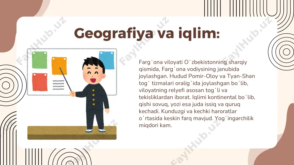 ulolchilik markazlari sayyohlar eʼtiborini tortadi. shuningdek, viloyatning tabiiy goʻzalligi, togʻli manzaralari va milliy bogʻlari ham sayyohlar uchun jozibador hisoblanadi transporti viloyat transport infratuzilmasi yaxshi rivojlangan. fargʻona shahri orqali temir yoʻl liniyalari oʻtadi, shuningdek, avtomobil yoʻllari viloyatni respublikaning boshqa hududlari bilan bogʻlaydi. fargʻona xalqaro aeroporti ichki va xalqaro reyslarni amalga oshiradi. taʼlim va ilm-fan:01 viloyatda bir qator oliy oʻquv yurtlari, kasb- hunar kollejlari va umumtaʼlim maktablari faoliyat yuritadi. fargʻona davlat universiteti, fargʻona politexnika instituti kabi oliy taʼlim muassasalari mintaqada yuqori malakali mutaxassislar tayyorlashda muhim rol oʻynaydi. 02 fargʻona viloyatida teatrlar, muzeylar, madaniyat markazlari va sport inshootlari mavjud. viloyatning boy madaniy merosi va anʼanalari turli tadbirlar va festivallar orqali namoyon etiladi. shuningdek, sportning turli turlari, jumladan, futbol, kurash va boshqa milliy sport turlari rivojlangan. madaniyat va sport: tarixiy shaharlari marg‘ilon- o‘zbekistonning farg‘ona vodiysidagi qadimiy shaharlardan biri bo‘lib, ipakchilik bilan mashhur. shahar farg‘ona viloyatida joylashgan va 2000 yildan ortiq tarixga ega. margʻilon o‘zining …
