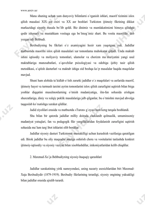 `lum targ`ibot ishlarini olib bordilar. jadidlar siyosiy dasturi turkistonni mustakilligi uchun kurashish vazifasiga qaratilgan edi. birok jadidlar bu oliy maqsadni amalga oshirish chora va vositalarini tanlashda konkret ijtimoiy-iqtisodiy va siyosiy vaziyat bilan xisoblashdilar, imkoniyatlaridan kelib chiqdilar. 2. maxmud-xo`ja behbudiyning siyosiy-huquqiy qarashlari jadidlar xarakatining yirik namoyondasi, uning nazariy asosichlaridan biri maxmud-xuja bexbudiydir (1879-1919). bexbudiy fikrlarining teranligi, siyosiy ongining yuksakligi bilan jadidlar orasida ajralib turardi. bexbudiy rossiya siyosiy hayotidagi turli partiyalarga bo`lgan munosabatini ifodalab, qoraguruxlar partiyasi faoliyatini qoralaydi. bu partiya, deydi bexbudiy, podshox bilan xalqning bir-biri bilan muloqotda bo`lishiga g`ovdir. xususan., biz musulmonlar o`z talablarimizni, din va iqtisod sohasida kamsitilishimizni podshohga arz qila olmaymiz, chunki oliy kengash a`zolari bizning barcha arzlarimizni rad qilib podshoxga yetkazmaydilar. bexbudiy sotsial-demokratik va eserlar partiyalarining dasturlari va faoliyatini ham salbiy baholaydi. biz musulmonlar uchun, deydi bexbudiy, bu partiyalarga qo`shilish zararlidir. ularning mulkchilik xaqidagi talablari xato va shariatga mutloq ziddir. shaxs erkinligi, oila haqidagi fikrlari xam biz uchun …