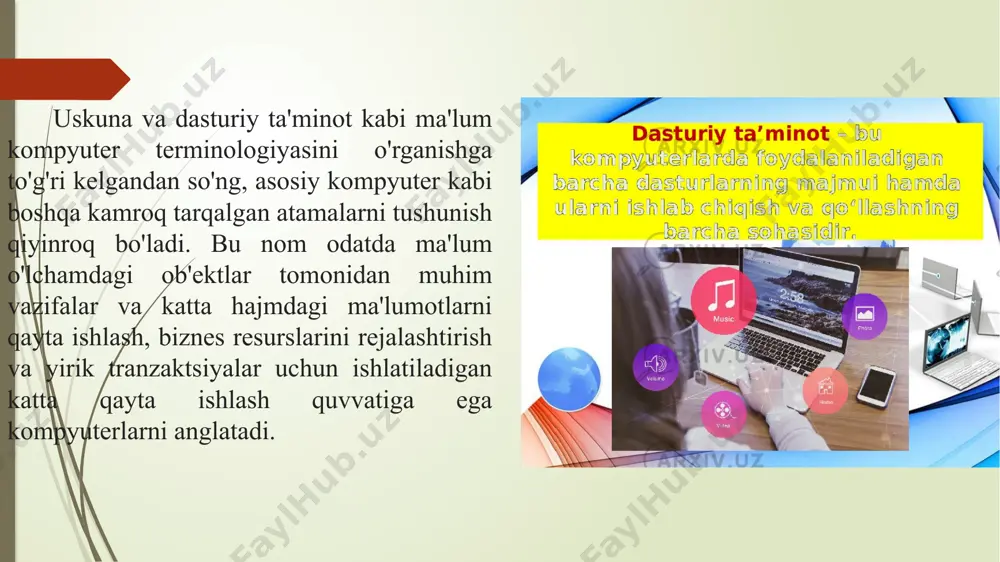 r, olivetti, rca, univac va boshqalar kabi boshqa ishlab chiqaruvchilar qo'shildi. o'zining asosiy kompyuter prototiplari. elektron komponentlarning kichraytirishi va shaxsiy kompyuterlarning ancha arzon va katta afzalliklarga ega bo'lishi tufayli, ayniqsa resurslari kam bo'lgan kompaniyalar uchun, bu ulkan kompyuterlarga bo'lgan qiziqish eng past darajaga tushib ketdi. biroq, bugungi kunda meynfreymlar business intelligence texnologiyalari muhitida va dunyodagi eng yirik xususiy va davlat korporatsiyalari uchun katta hajmdagi ma'lumotlarni egallashda davom etmoqda. mainfreym mashinasi shu ma'noda, eng muvaffaqiyatli kompaniyalarning aksariyati, asosan, ular ega bo'lgan va ish stoli kompyuterlari taklif qila olmaydigan ma'lum xususiyatlar tufayli, asosiy kompyuterlar tomonidan taqdim etilgan echimlarni tanlashda davom etmoqda. ulardan ba'zilari mavjudlik va xavfsizlik bo'lib, bunga xarajatlar qo'shiladi, ular boshida yuqori bo'ladi, lekin ushbu platformalar tomonidan taqdim etilgan imkoniyatlarni hisobga olgan holda, ular o'z vaqtida amortizatsiya qilinishi mumkin. mainfreym ulardan foydalanadigan kompaniyalar va jamoat tuzilmalariga ko'plab afzallik va sifatlarni taqdim etadi. shaxsiy kompyuterlar ko'plab omillar uchun mukammal yechim bo'lsa-da, eng …