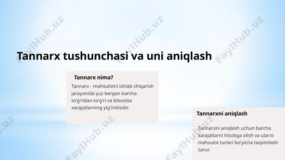 ga. 2 xarajatlarni optimallashtirish imkoniyatlari mavjud har bir xarajat turi uchun tahlil olib borib, ortiqcha xarajatlarni kamaytirish mumkin. 3 tannarx nazorati muntazam olib borilishi kerak tannarxni doimiy ravishda monitoring qilib, uni samarali boshqarish va nazorat qilish muhim. 4 tannarx ma'lumotlaridan samarali foydalanish tannarx haqidagi ma'lumotlardan qarorlar qabul qilish, narxlar belgilash va boshqa strategik masalalarni yechishda foydalanish. 11 e’tiboringiz uchun rahmat image1.png image2.png image3.png image4.png image5.png image6.png image7.png image8.png image9.png image10.png image11.png image12.png