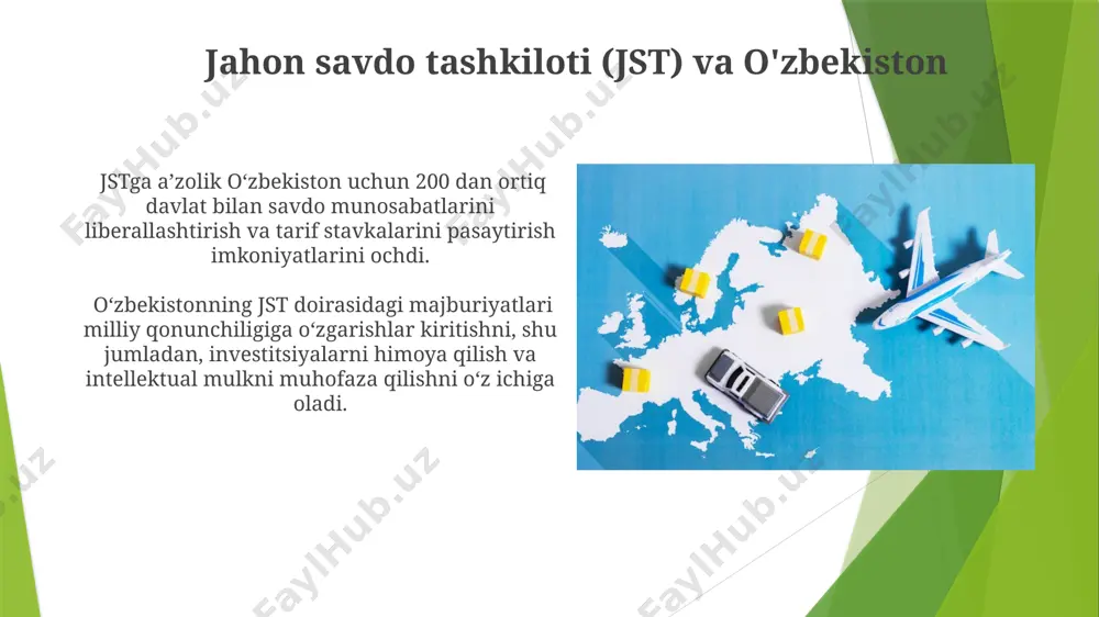eksport hajmining 15-20% ga kamayishiga olib kelishi mumkin. davlat tomonidan qo'llab-quvvatlash choralari kichik va o'rta biznes sub'ektlariga eksport operatsiyalarini amalga oshirish uchun 10 yillik muddatga 5% lik imtiyozli kreditlar taqdim etiladi. davlat eksportyorlarga 15% gacha subsidiya berish orqali, yillik 50 milliard so'm miqdorida moliyaviy qo'llab-quvvatlashni amalga oshiradi. tashqi savdo siyosati nima? tashqi savdo siyosati, davlatning xorijiy mamlakatlar bilan tovar va xizmatlar almashinuvi bo'yicha 20% dan ortiq ulushini nazorat qilishni o'z ichiga olgan, import va eksport bo'yicha tariflar va kvotaga asoslangan qoidalarni belgilovchi strategiyasini anglatadi. tashqi savdo siyosati, chet el investitsiyalarining 30% gacha qismini jalb qilish maqsadida, erkin savdo bitimlari yoki protektsionizm kabi turli xil savdo siyosati vositalaridan foydalanishi mumkin. o'zbekistonning eksport salohiyati o'zbekistonning eksport geografiyasi xilma-xil bo'lib, rossiya, qozog'iston va xitoy kabi yirik bozorlar bilan birga yevropa ittifoqi mamlakatlari ham muhim hisoblanadi. agrosanoat majmuasi o'zbekiston eksportining 20% dan ortig'ini tashkil etadi, paxta va meva-sabzavot mahsulotlari asosiy eksport yo'nalishlari hisoblanadi. e'tiboringiz …