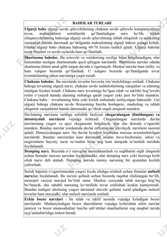 rdagi foydani taminlaydi, dastlabki davrlarda nisbatan katta xarajatlar bo‘lib turganda bu juda qulay; -istemolchilar talabini oshirmaydi, dastlabki ishlab chiqarish imkoniyatlari kengaymagan sharoitda bozordagi talabni qondirishga sharoit yaratadi; -dastlabki yuqori narx istemolchilarda uning sifati bo‘yicha imidjini yaratadi. bu esa keyingi narxni pasaytirishda sotilishini yengillashtiradi; -yuqori narx tovar sifati yuqori bo‘lganda talabni oshirishda imkon beradi. bu usulning kamchiligi narxning shakllanishida yuqori narx raqobatchilarni chaqiradi. shuning uchun “qaymog‘ini olish” bir muncha raqobat cheklanganda muvofaqiyatli foydalanish mumkin. b) “bozorga kirishni tadbiq etish usuli”. pudrat tashkiloti, qurilish materialari ishlab chiqarish korxonasi bozordagi huddi shunday tovar va xizmatlar uchun nisbatan past narx belgilaydi, natijada maksimal haridorlarni o‘ziga jalb qiladi va bozorni egallaydi. bunday strategiya katta miqdordagi ishlab chiqarishga ega bo‘lganda ahamiyatlidir. bu esa umumiy foyda evaziga, ayrim tovar va xizmatlardan yo‘qotishni qoplaydi. bu usul birinchi navbatda ancha moliyaviy resurs talab qiladi. sababi bozordagi kichik va o‘rta ishlab chiqaruvchilar raqobatdan chetlatish uchun ancha moliyaviy xarajatlar qilishi lozim, …