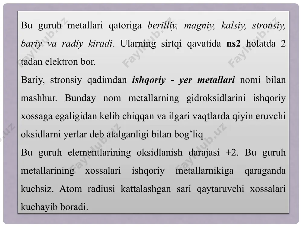 a suyuqlanadi. bunday qotishmalar samolyotsozlikda ishlatiladi (tibe12, mobe12, nbbe12 va boshqlar). beo (syuq.2560°c) va b e(oh)2 ham amfoterlik xossasiga ega. bef2 ishqoriy metallar ftoridlari bilan ftor berillatlar hosil qiladi. bef2 suvda oz eriydi: berilliy tuzlari oson gidrolizga uchraydi, bu tuzlar zaharli, lekin shirin ta’mli bo'ladi. kislotali muhitda [be(h20)4]2+ akva kompleks hosil bo'ladi. ishqoriy muhutda bo'lsa [be(oh)4]2-gidrokso komplekslar barqaror bo'ladi. berilliy va uning birikmalari chang holatda atmosferada tarqalgani juda xavfli. mg-1808-yilda devi magniy oksidini elektroliz qilib, magniyni ajratib oladi. magniy nomi "magnes" so‘zidan olingan bo‘lib, magnisiya shahari nomiga qo‘yilgan. mg kozn’i qamashtiradigan oq alanga hosil qilib yonadi. magniy. tabiatda keng tarqalgan. asosiy minerallari magnezit mgco3; dolomit mgco3 • caco3; karnallit kc1 mgcl2 6h2o . dengiz suvida mgcl2 ning miqdori 0,38 % ga boradi, lekin ba’zi ko'llarda uning miqdori 30% ga ham yetadi. magniyning yer po'stlog'idagi miqdori 2 % atrofida bo'ladi. olinishi. magniy mgcl2 yoki suvsizlantirilgan karnallitni elektroliz qilib olinadi. magniy oksidi …